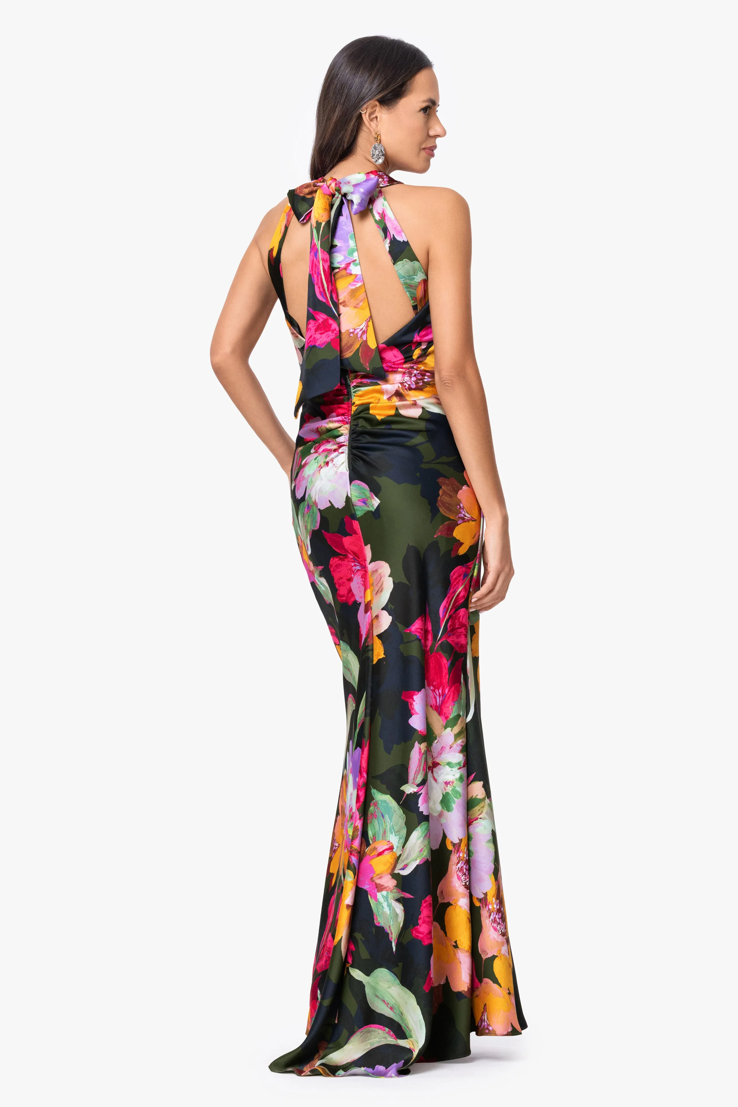 "Kristine" Printed Satin Tie Neck Long Dress sold by Xscape product image thumbnail 4