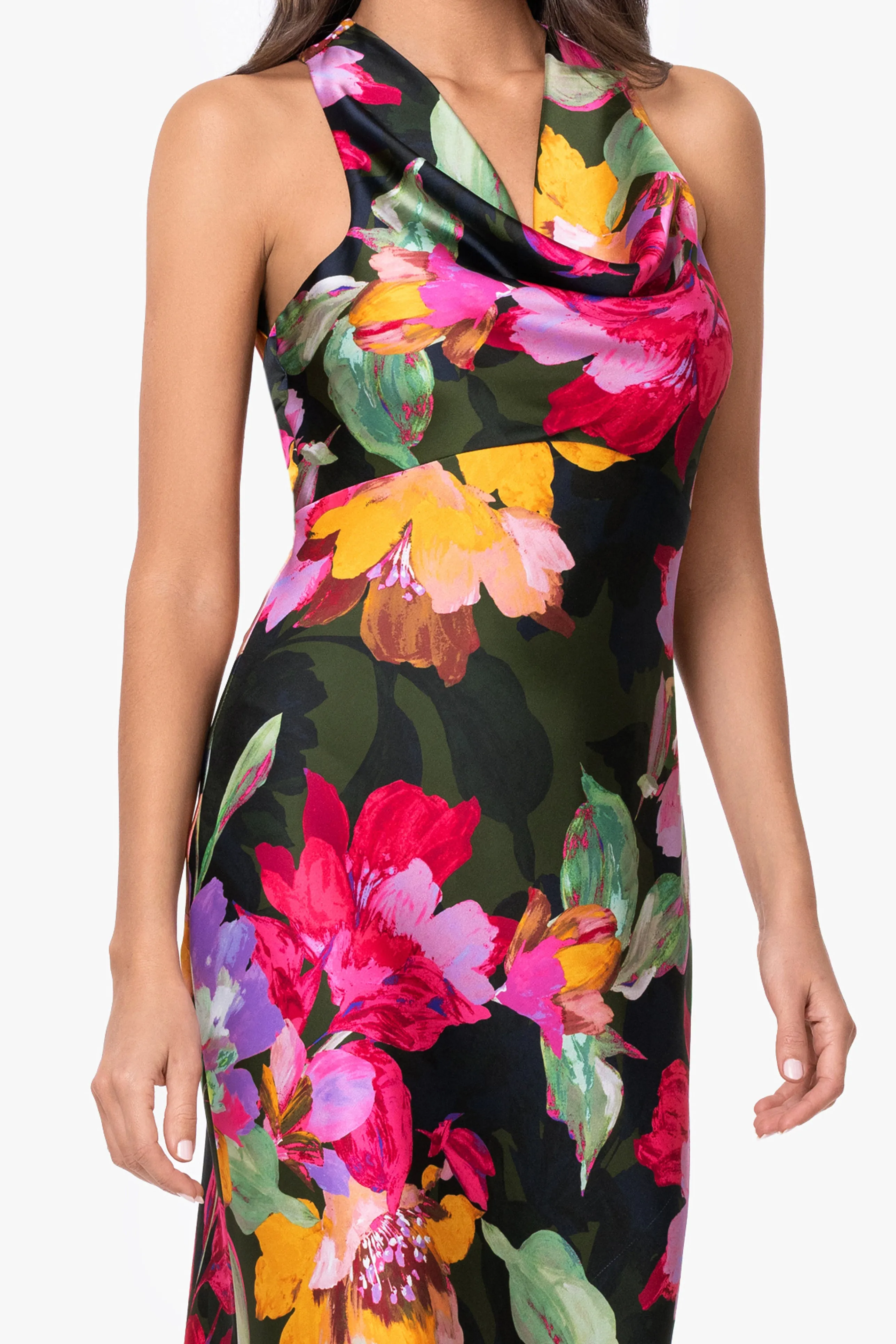 "Kristine" Printed Satin Tie Neck Long Dress sold by Xscape product image thumbnail 3