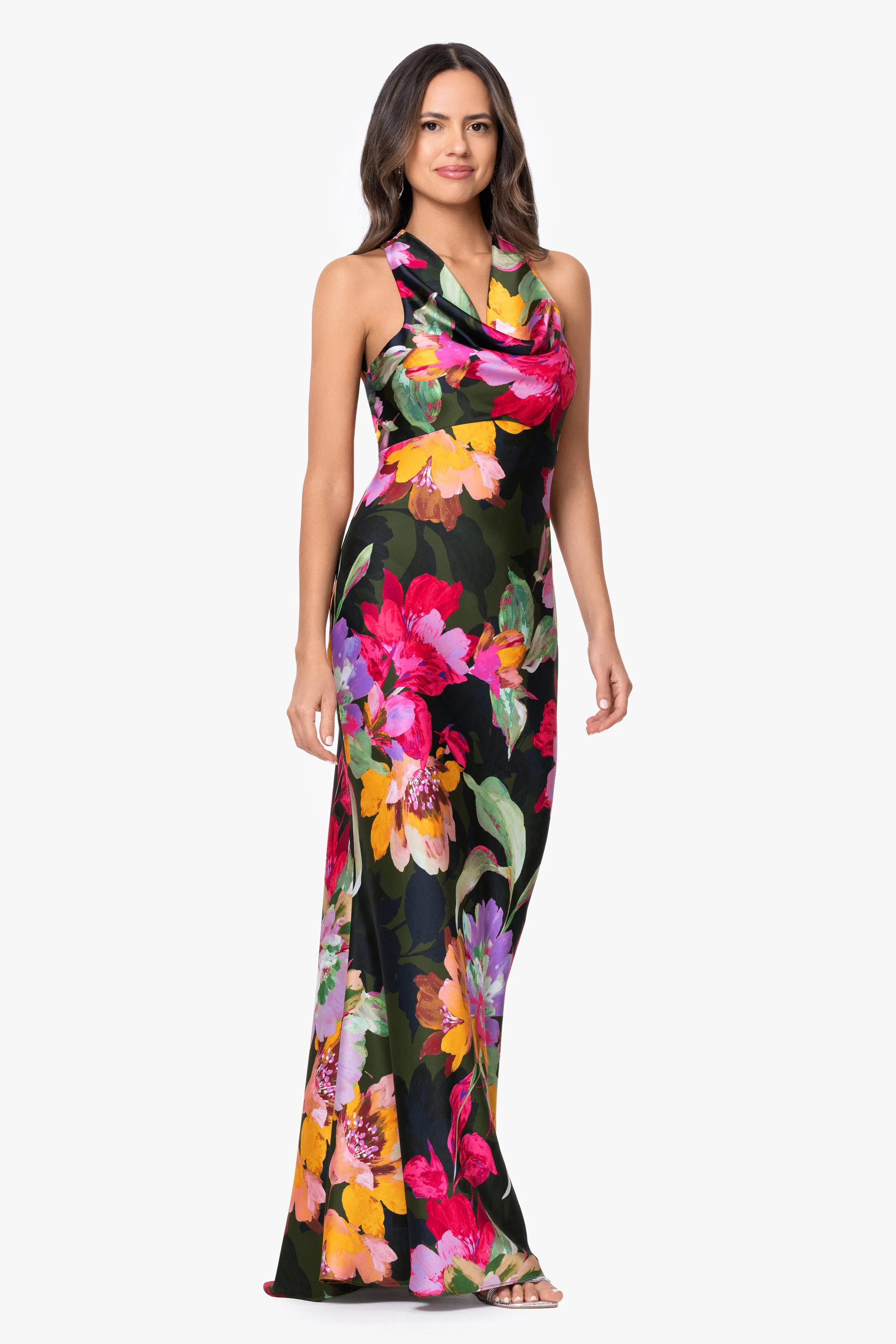 "Kristine" Printed Satin Tie Neck Long Dress sold by Xscape product image thumbnail 5