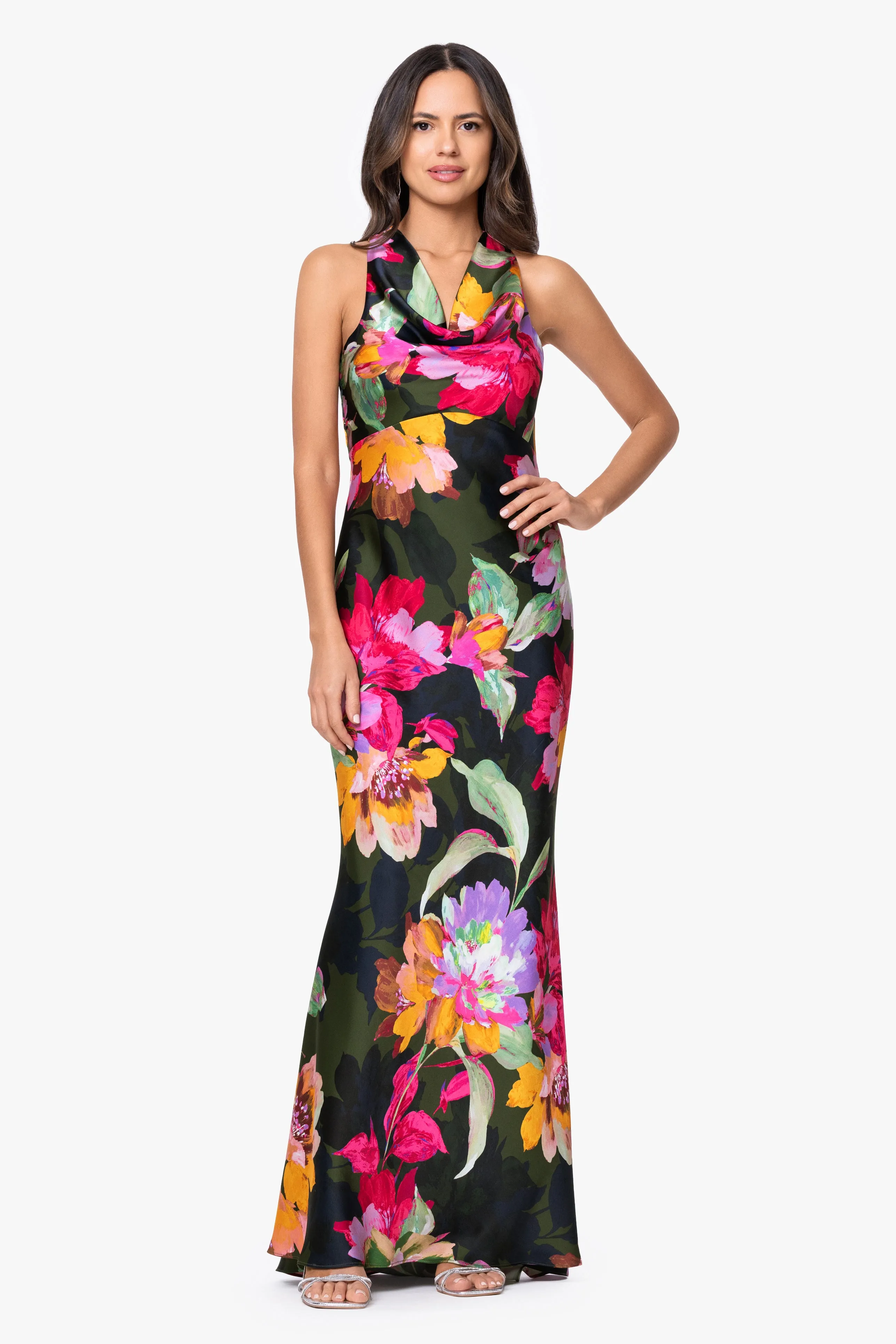 "Kristine" Printed Satin Tie Neck Long Dress sold by Xscape product image thumbnail 2