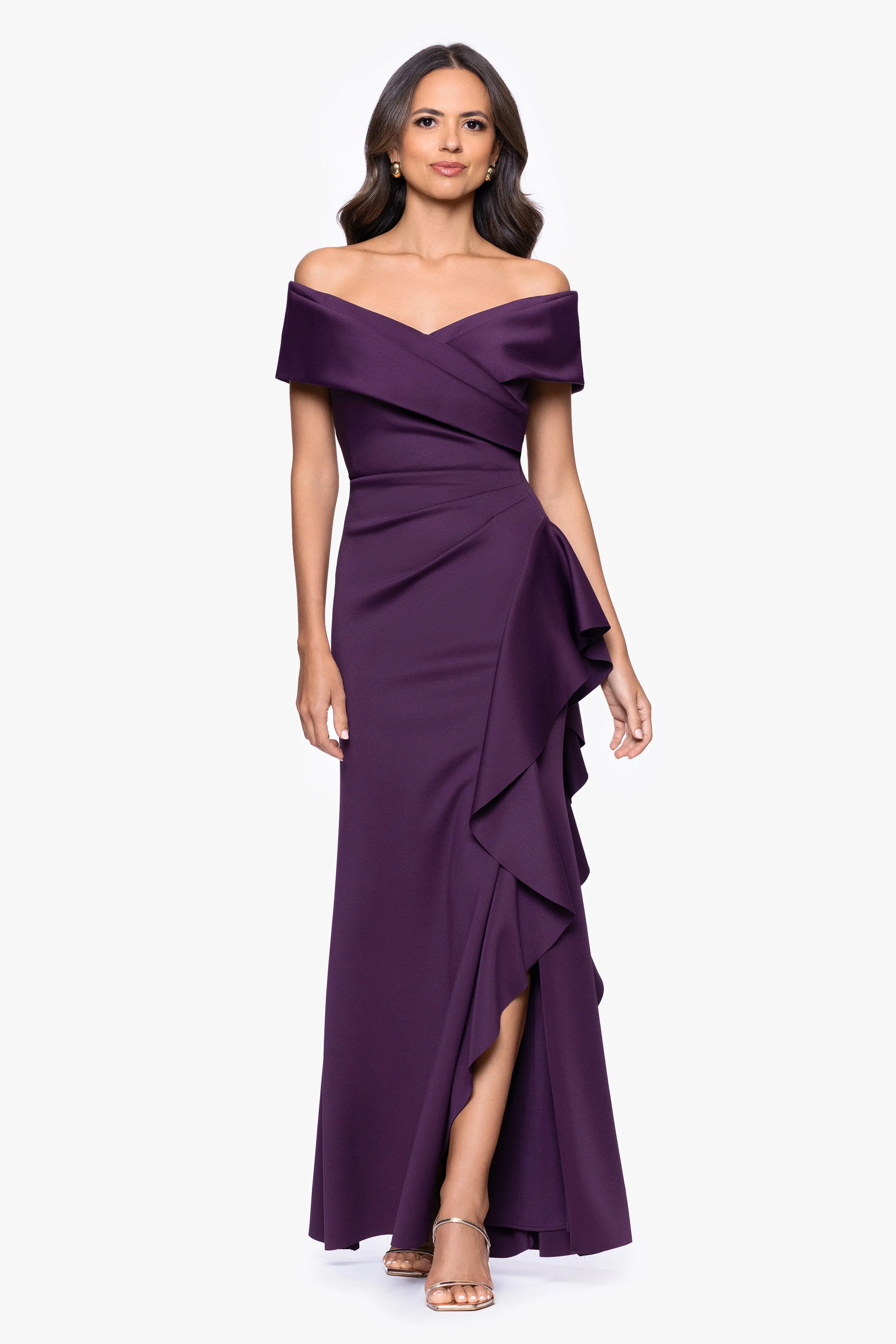 "Pearl" Techno Scuba Off the Shoulder Ruffle Floor Length Dress sold by Xscape