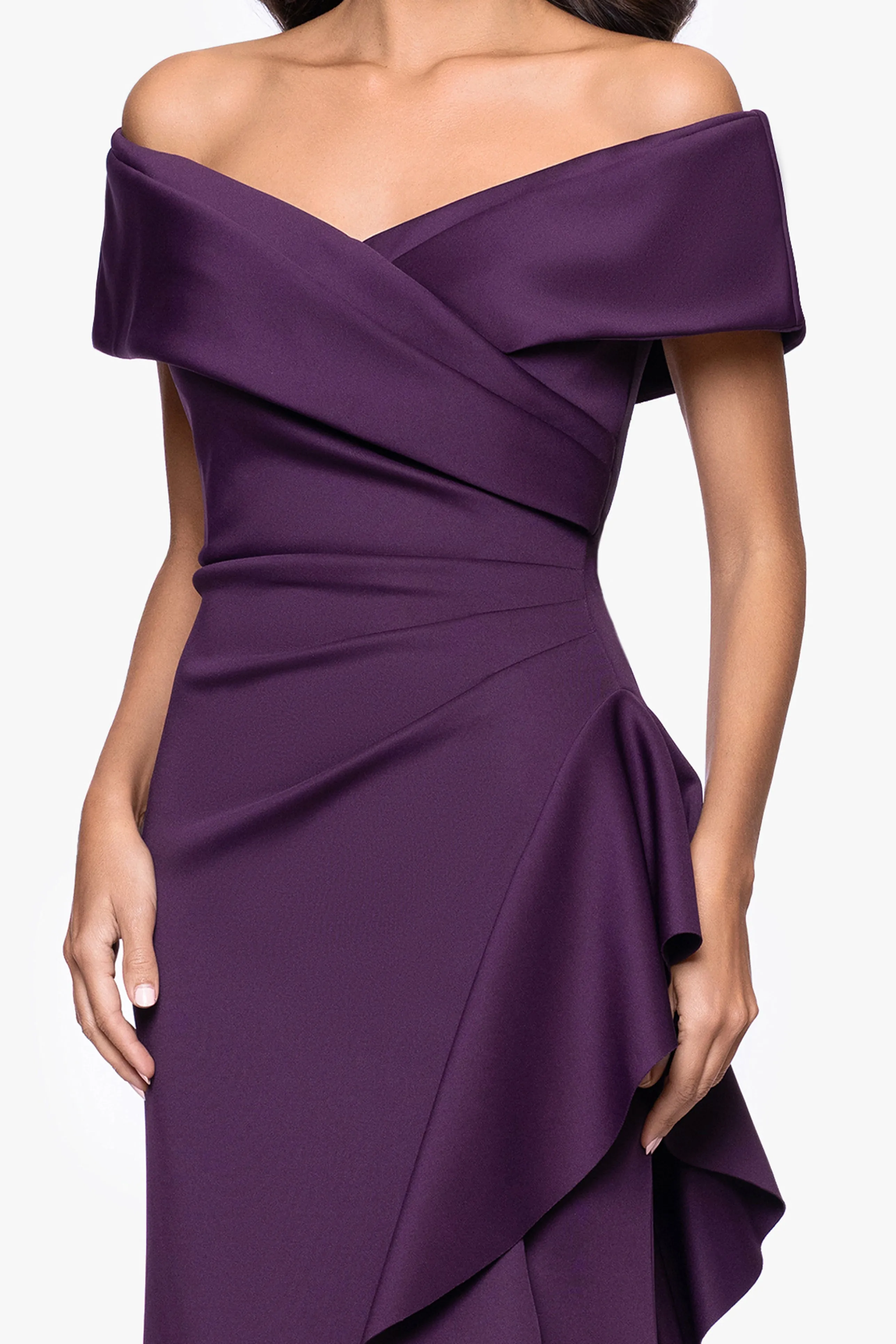 "Pearl" Techno Scuba Off the Shoulder Ruffle Floor Length Dress sold by Xscape product image thumbnail 2