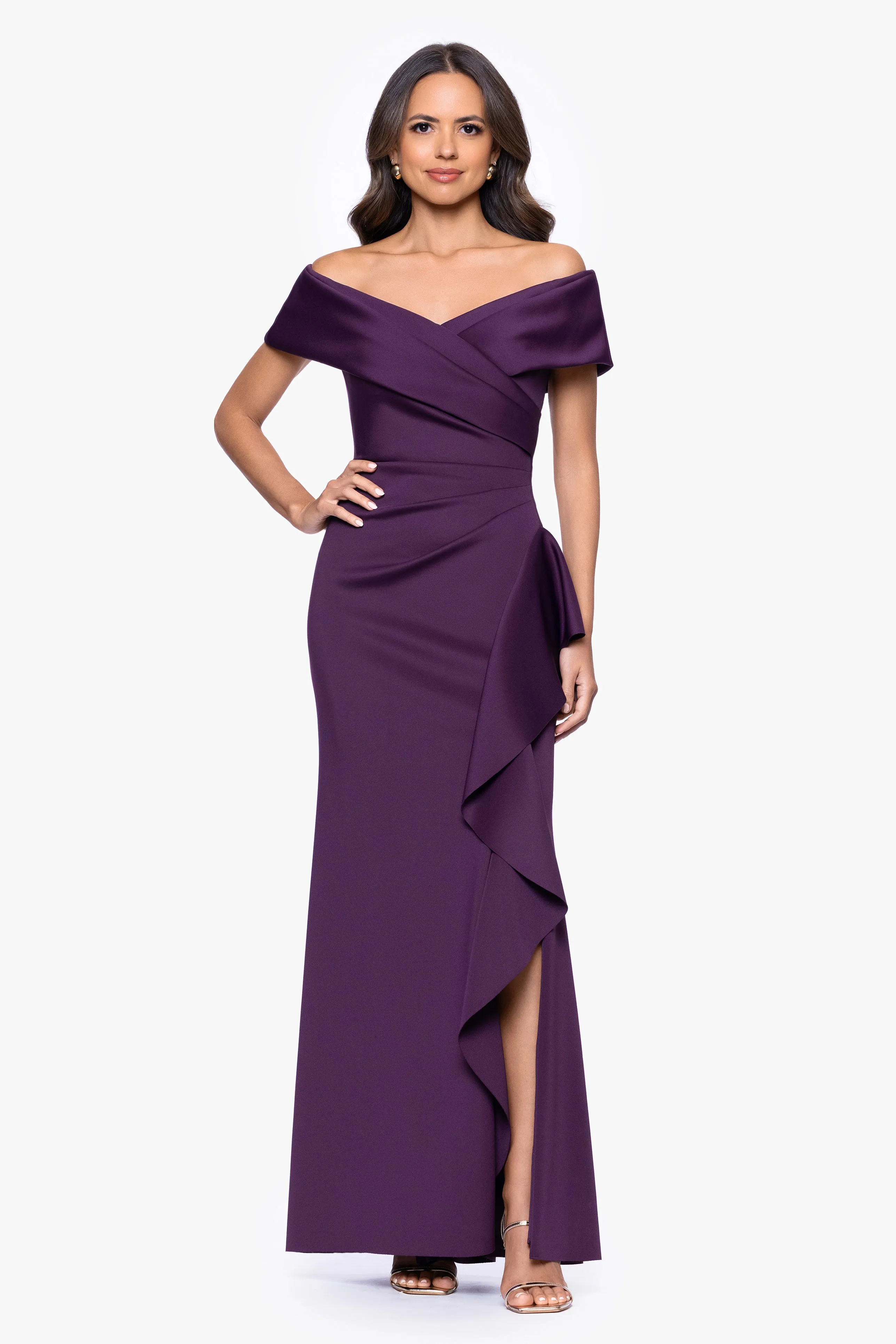 "Pearl" Techno Scuba Off the Shoulder Ruffle Floor Length Dress sold by Xscape product image thumbnail 5