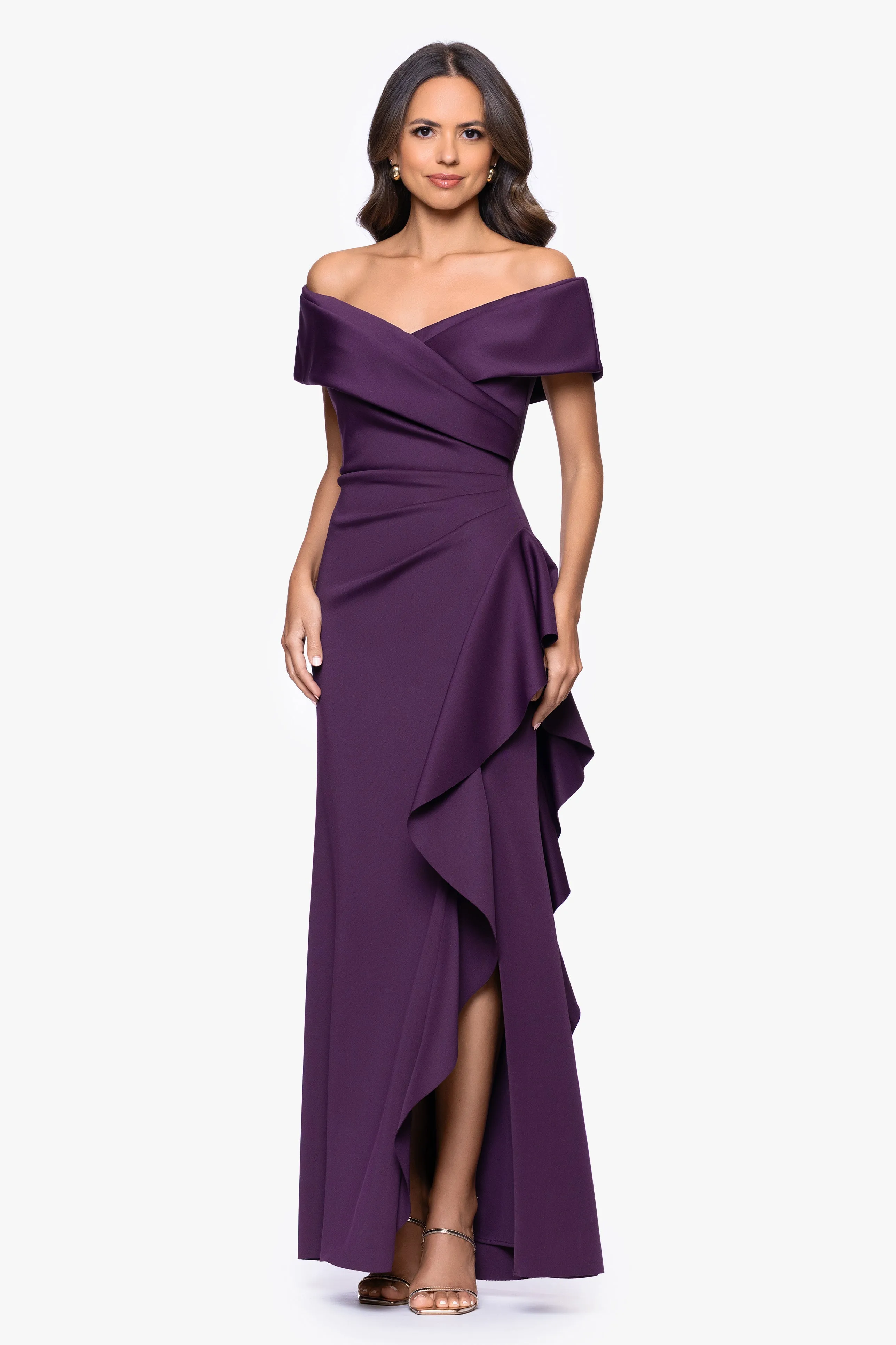 "Pearl" Techno Scuba Off the Shoulder Ruffle Floor Length Dress sold by Xscape product image thumbnail 4