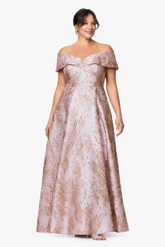 Plus "Daphne" Brocade Off Shoulder Floor Length Dress made by Xscape