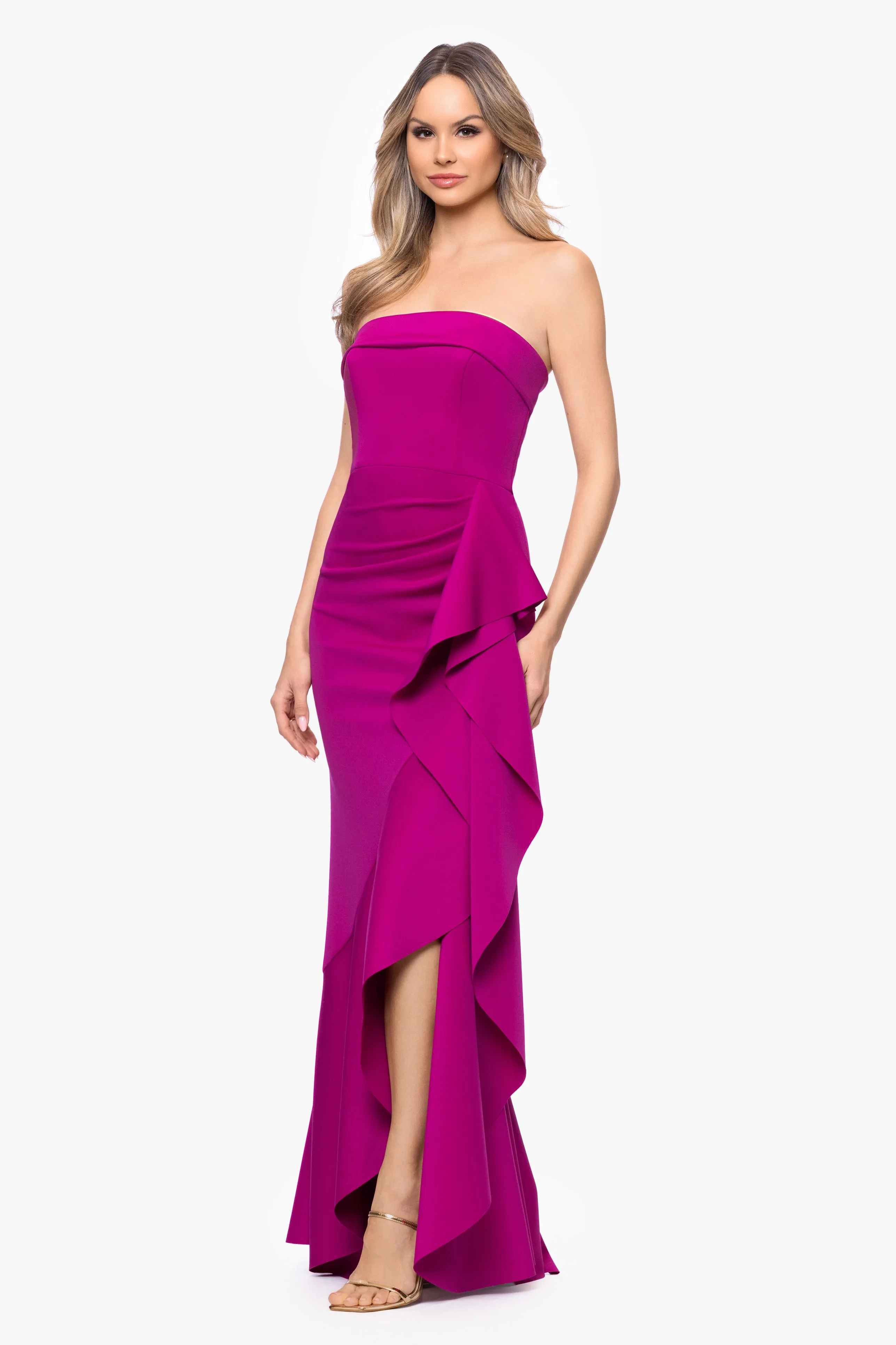 "Alicia" Techno Scuba Strapless Ruffle Long Dress sold by Xscape product image thumbnail 4