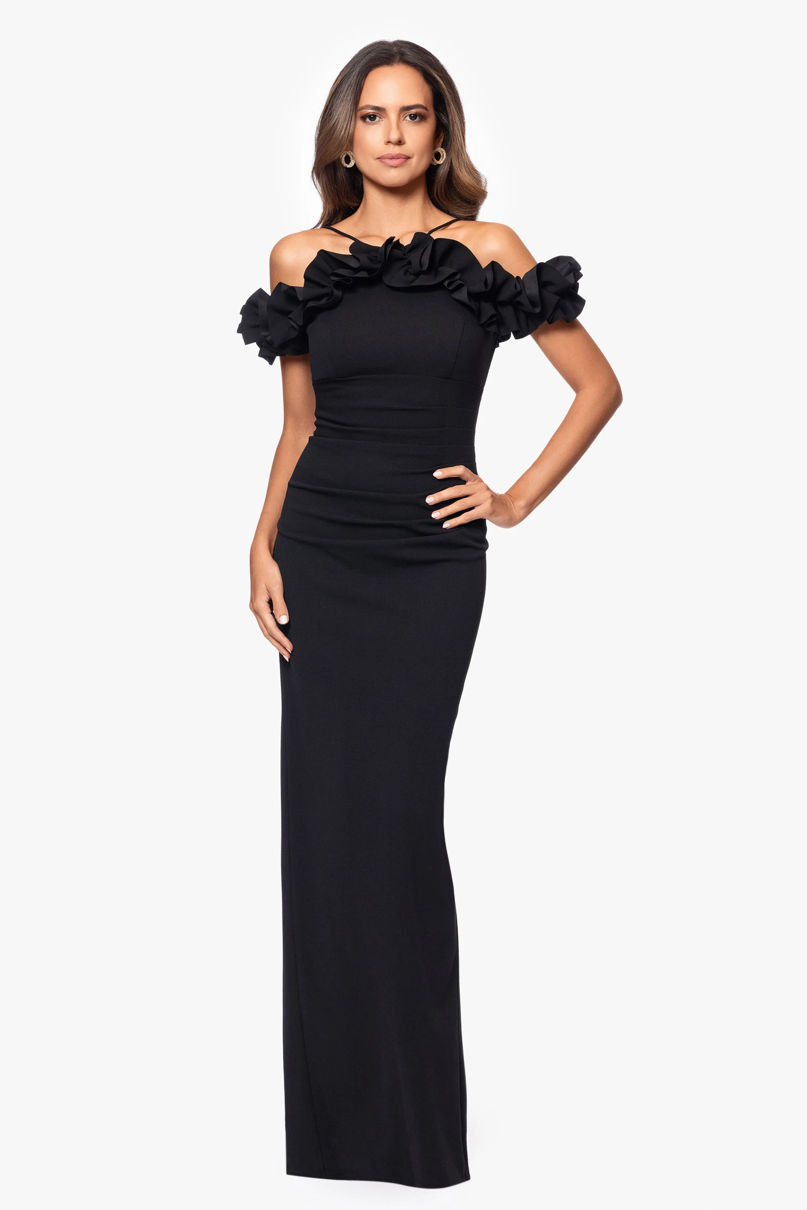 Petite "Tyla" Scuba Crepe Ruffle Top Floor Length Dress sold by Xscape