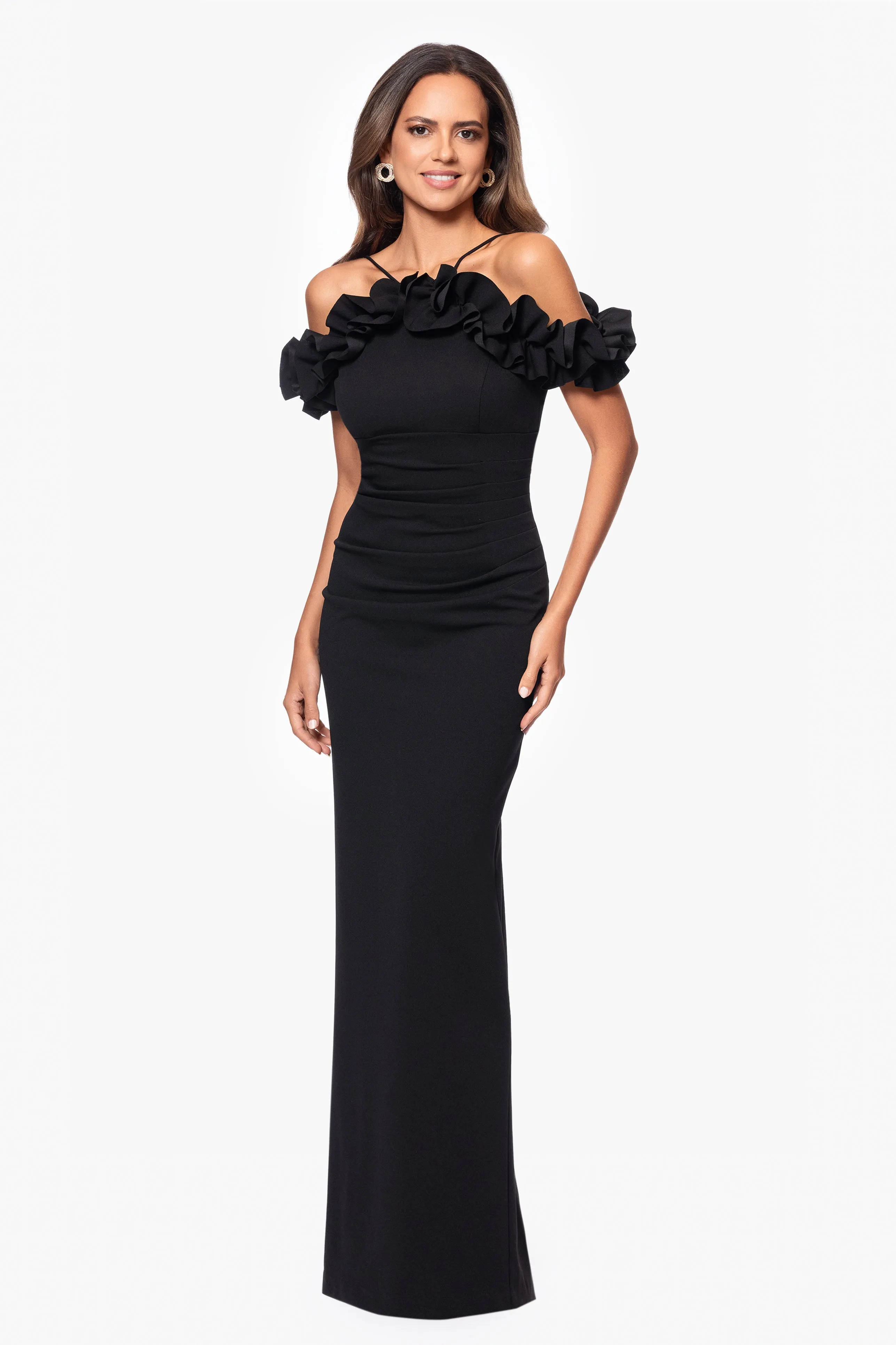Petite "Tyla" Scuba Crepe Ruffle Top Floor Length Dress sold by Xscape product image thumbnail 4