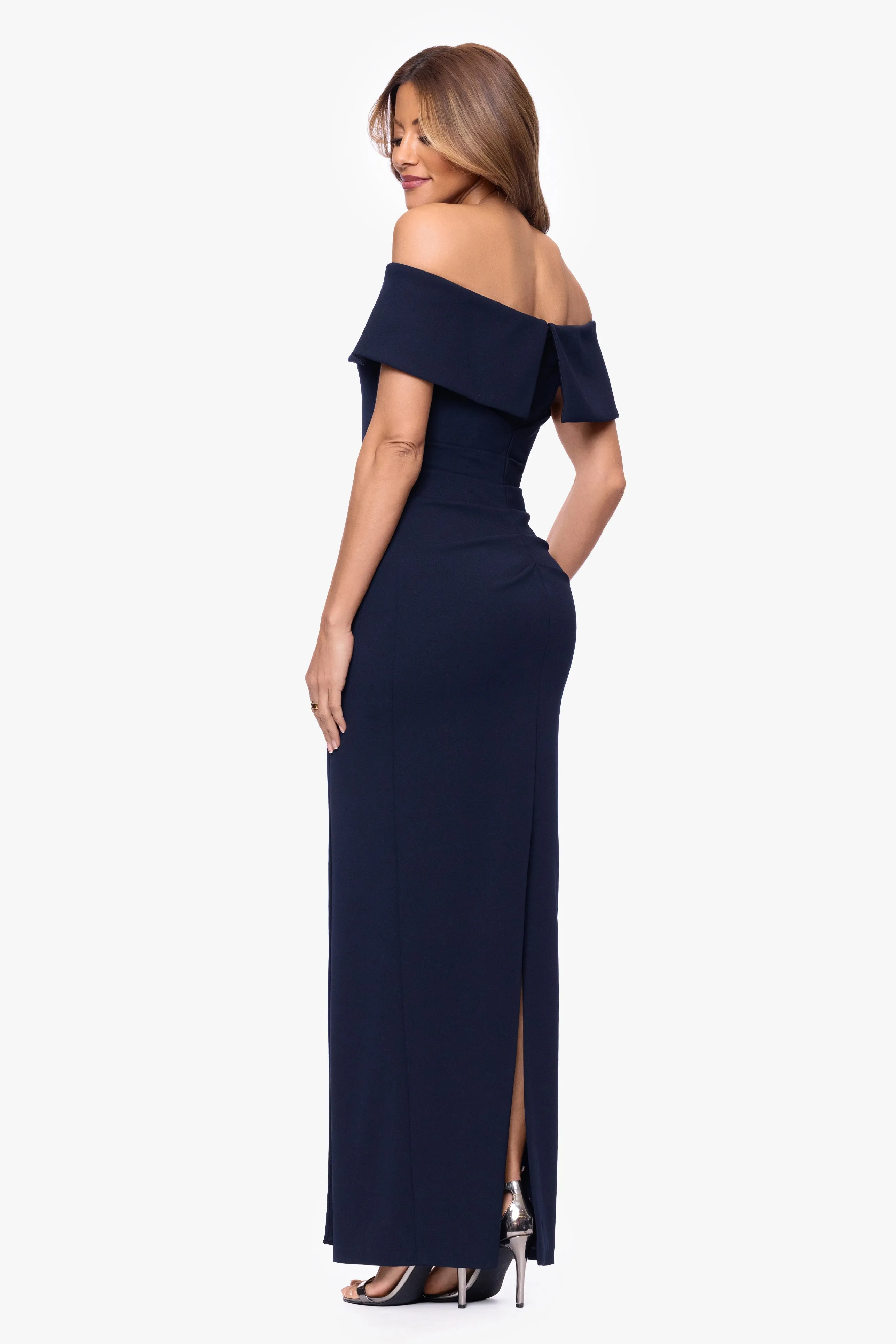 "Devon" Scuba Crepe Off The Shoulder Trim Waist Long Dress sold by Xscape product image thumbnail 3