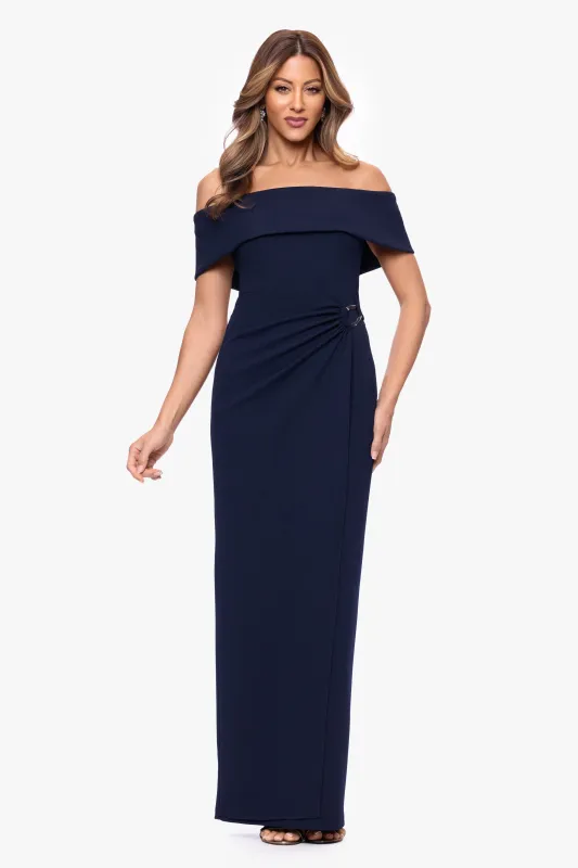 "Devon" Scuba Crepe Off The Shoulder Trim Waist Long Dress made by Xscape
