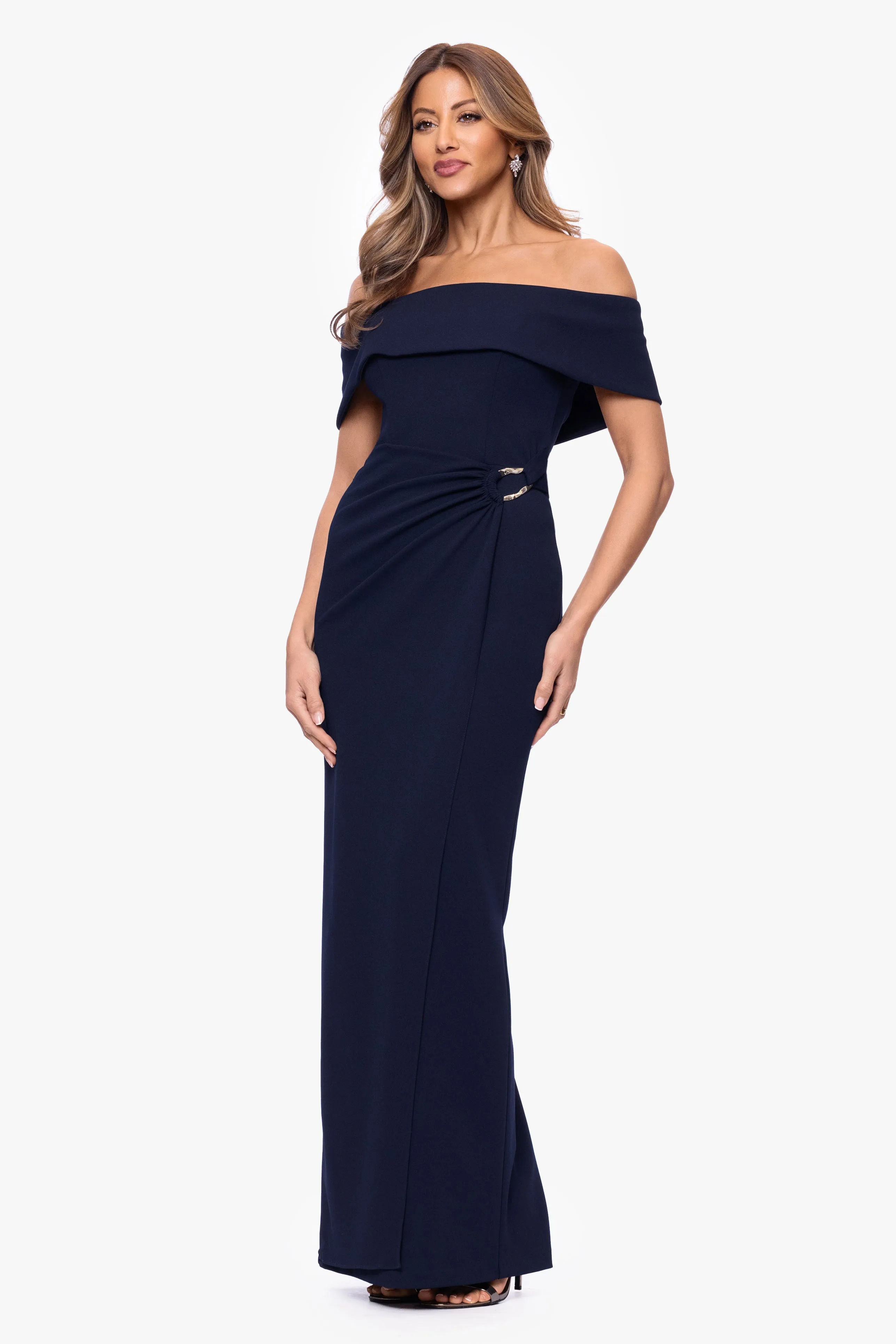 "Devon" Scuba Crepe Off The Shoulder Trim Waist Long Dress sold by Xscape product image thumbnail 4