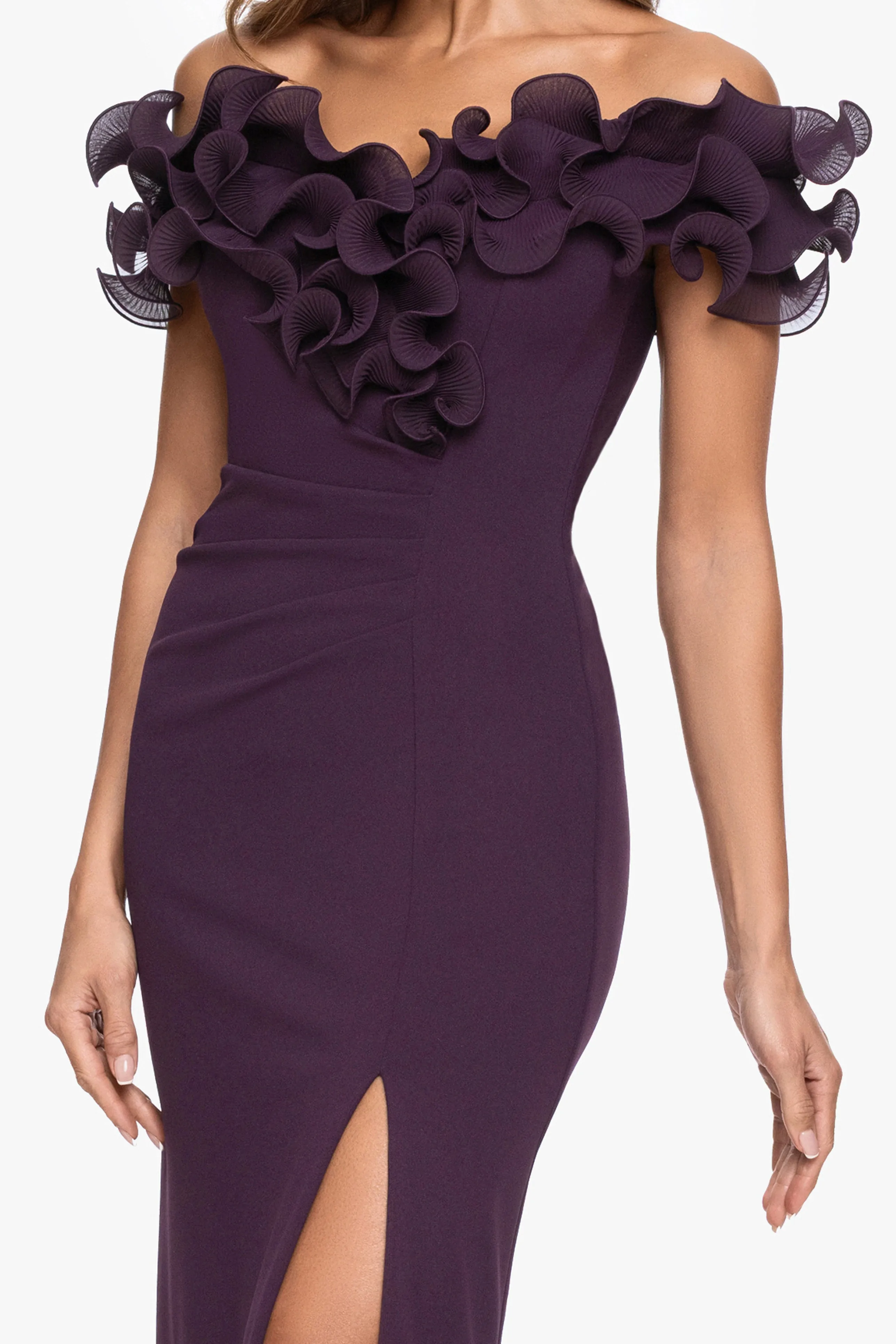 "Anya" Scuba Crepe Off the Shoulder Chiffon Ruffle Neckline Floor Length Dress sold by Xscape product image thumbnail 2