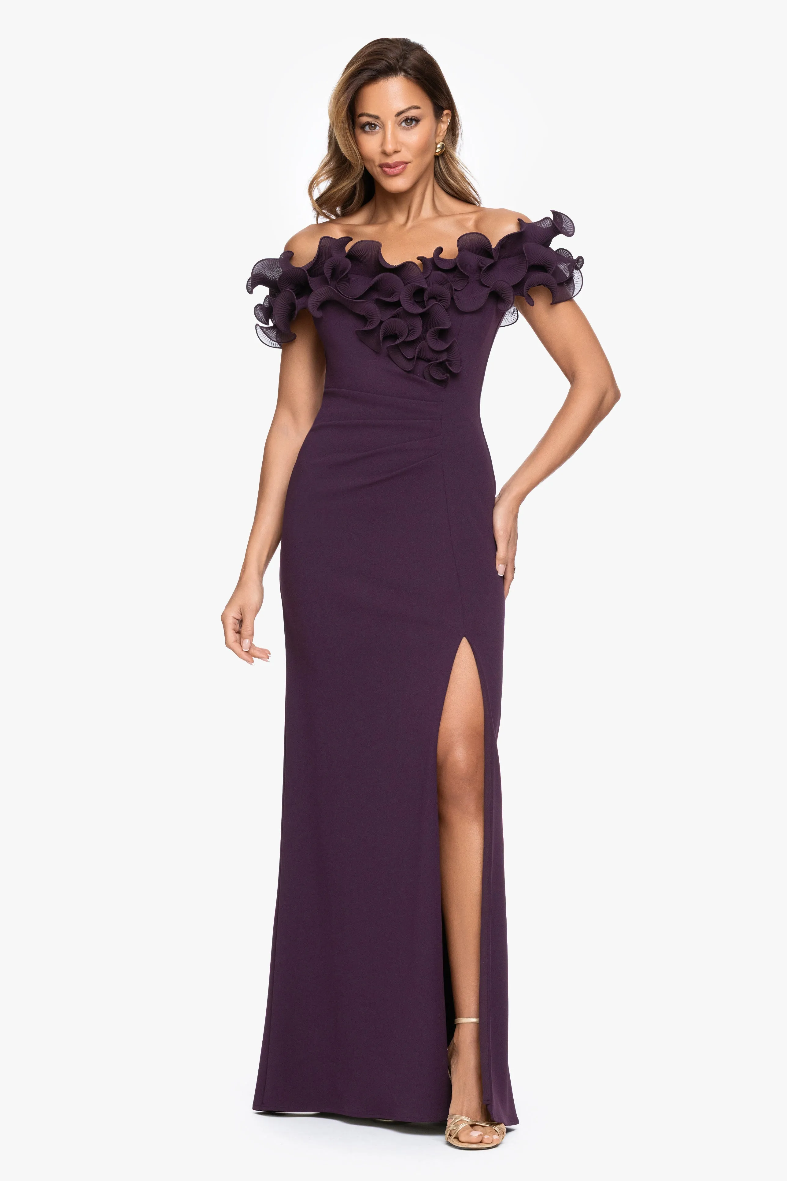 "Anya" Scuba Crepe Off the Shoulder Chiffon Ruffle Neckline Floor Length Dress sold by Xscape product image thumbnail 5