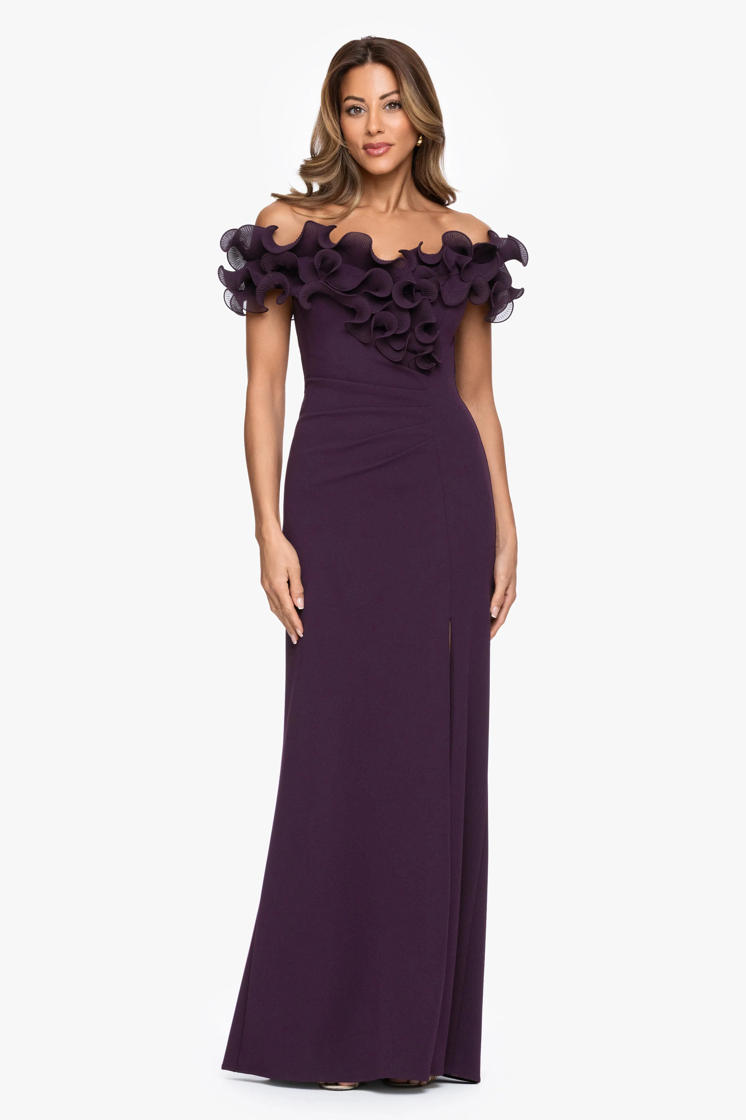 "Anya" Scuba Crepe Off the Shoulder Chiffon Ruffle Neckline Floor Length Dress sold by Xscape