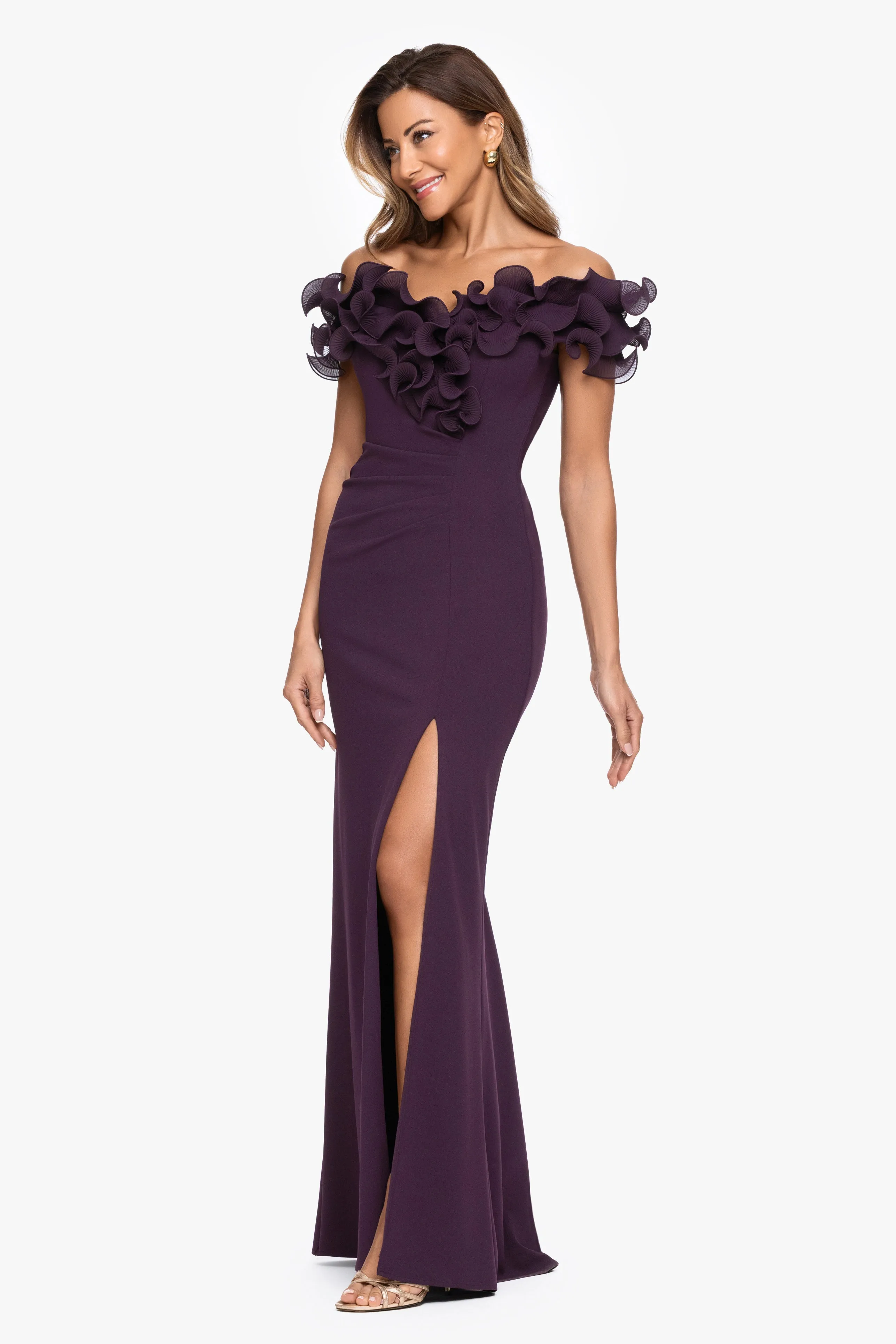 "Anya" Scuba Crepe Off the Shoulder Chiffon Ruffle Neckline Floor Length Dress sold by Xscape product image thumbnail 4