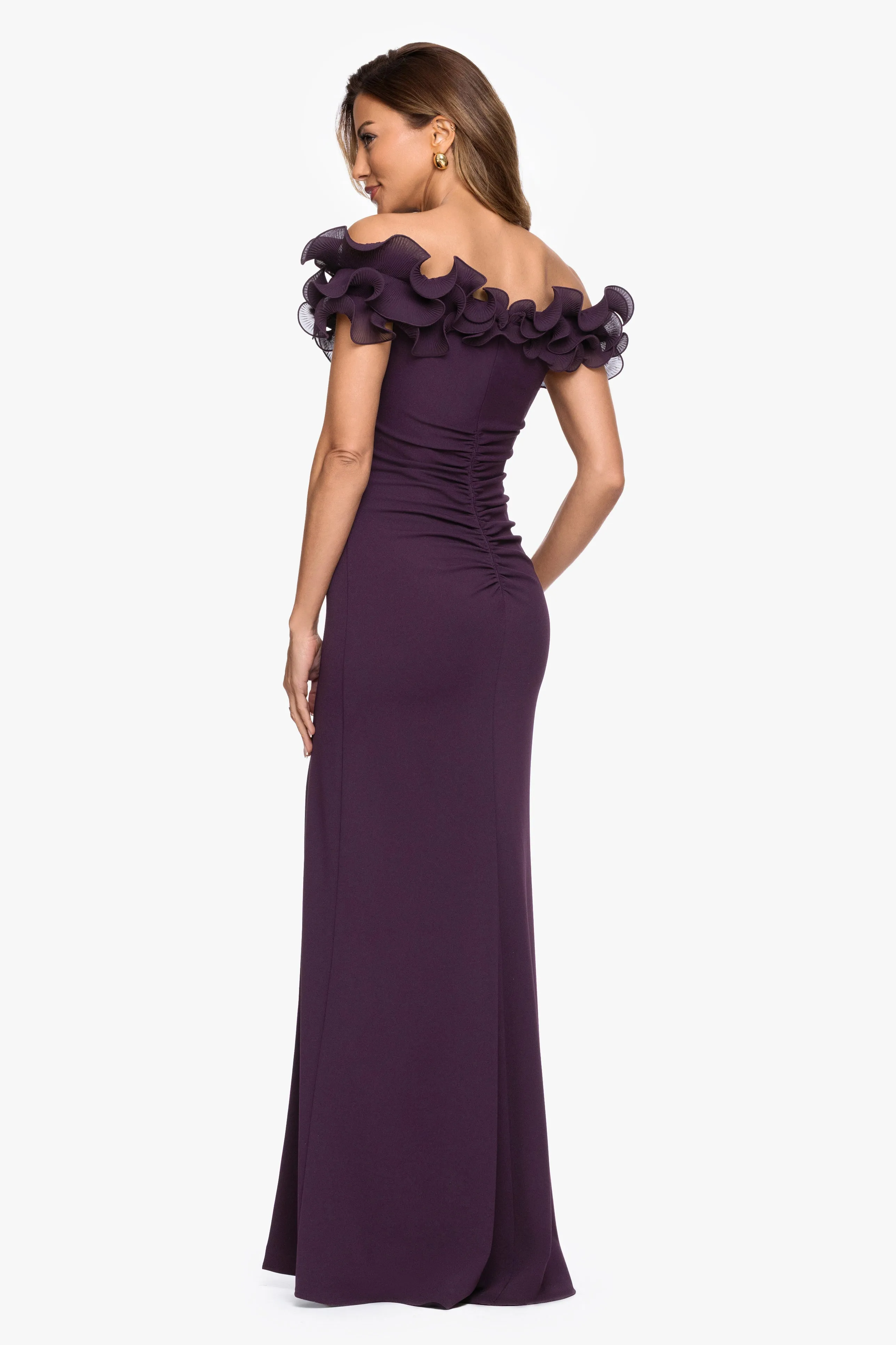 "Anya" Scuba Crepe Off the Shoulder Chiffon Ruffle Neckline Floor Length Dress sold by Xscape product image thumbnail 3