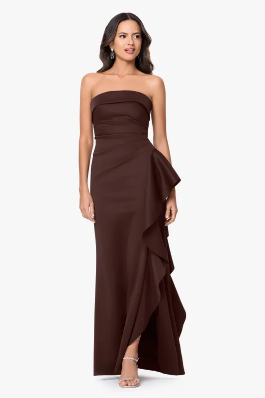 Petite "Jacqueline" Techno Scuba Strapless Ruffle Floor Length Dress made by Xscape