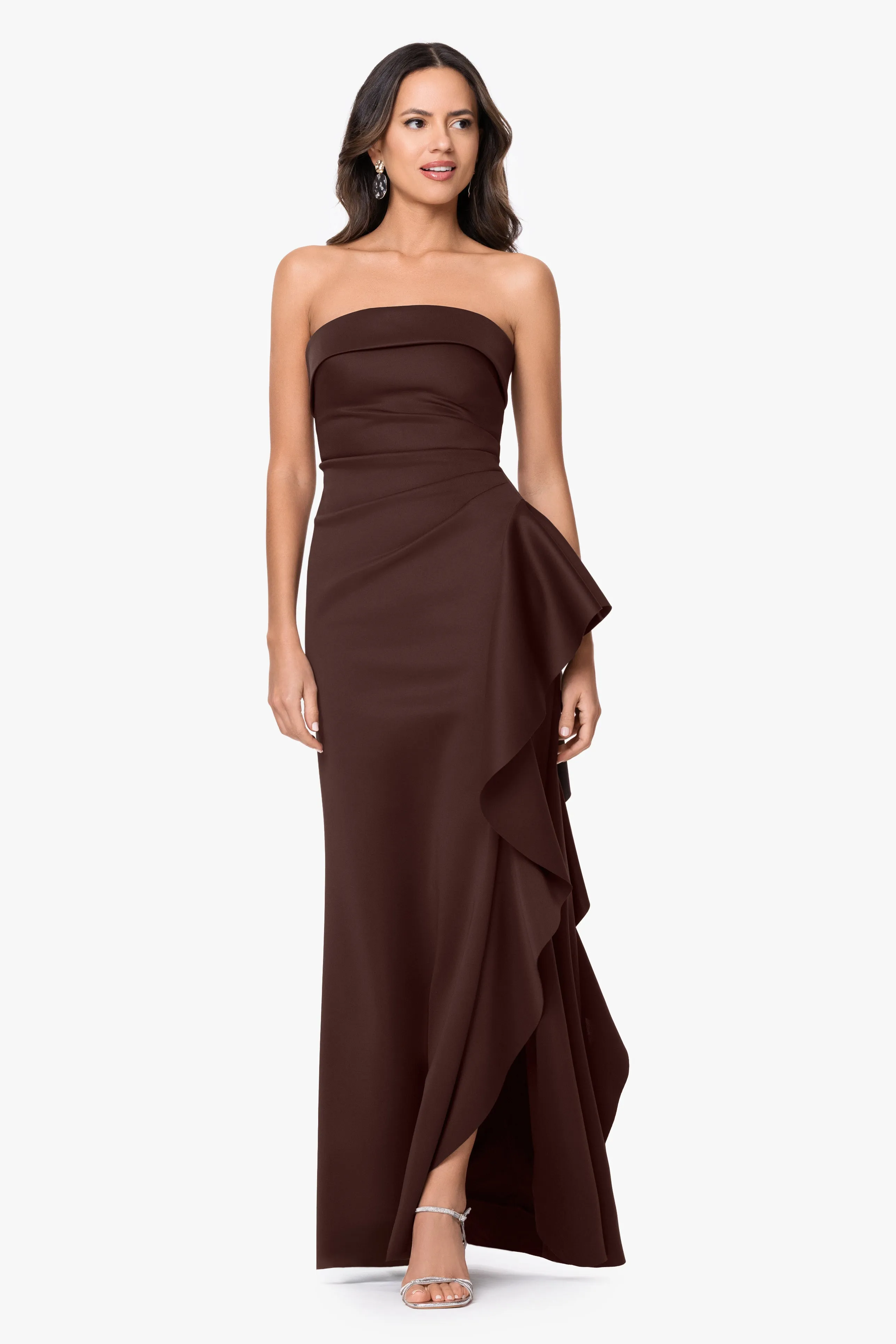 Petite "Jacqueline" Techno Scuba Strapless Ruffle Floor Length Dress sold by Xscape