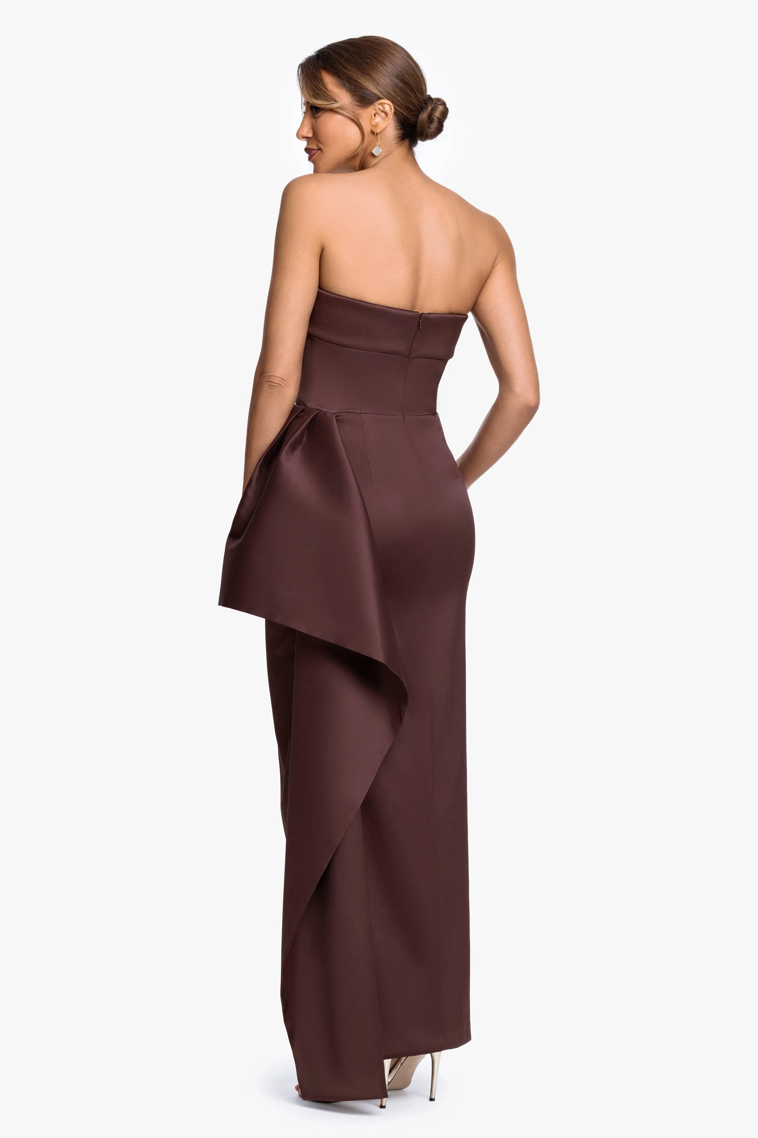 "Remi" Satin Strapless Side Ruffle Floor Length Dress sold by Xscape product image thumbnail 3