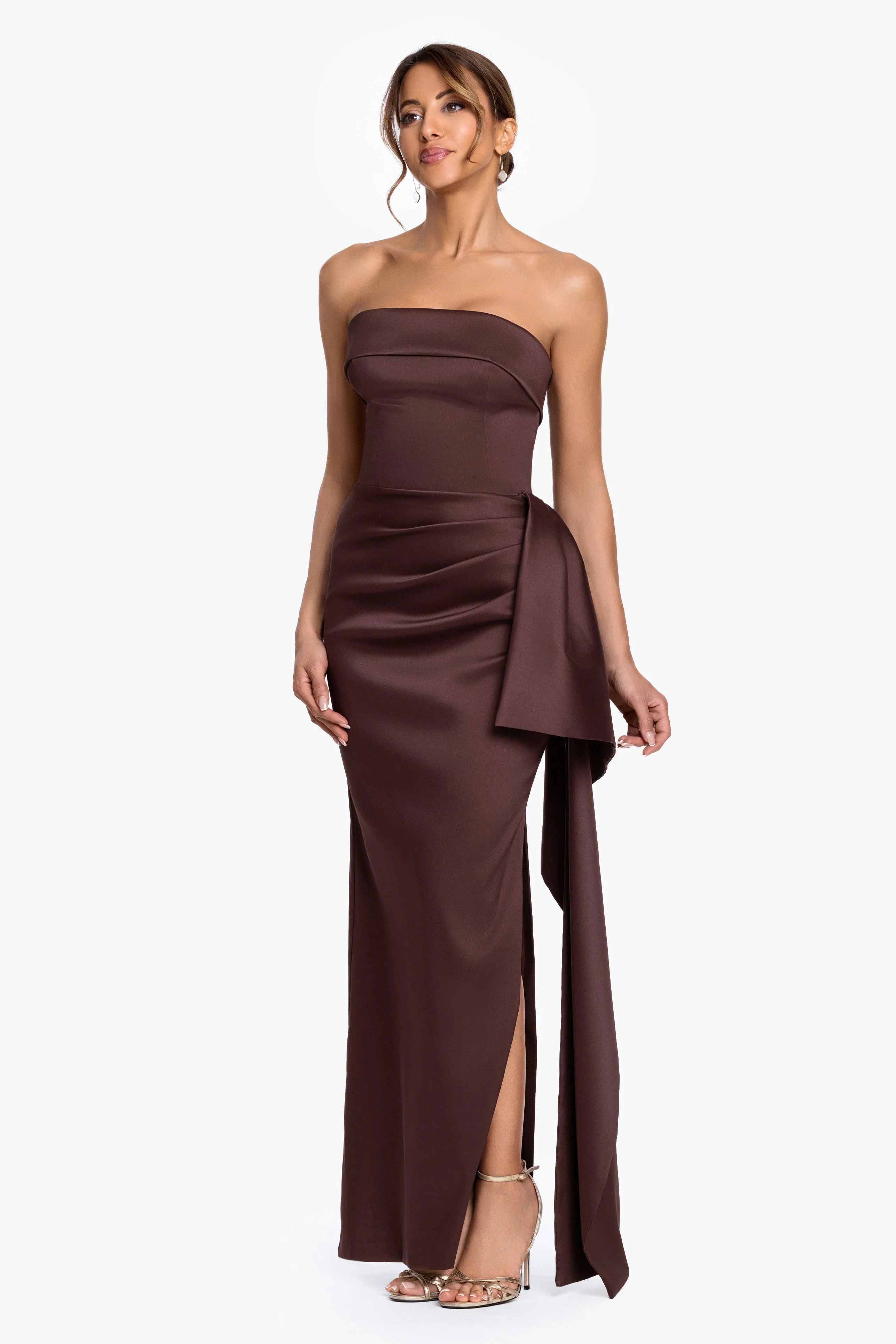 "Remi" Satin Strapless Side Ruffle Floor Length Dress sold by Xscape product image thumbnail 4
