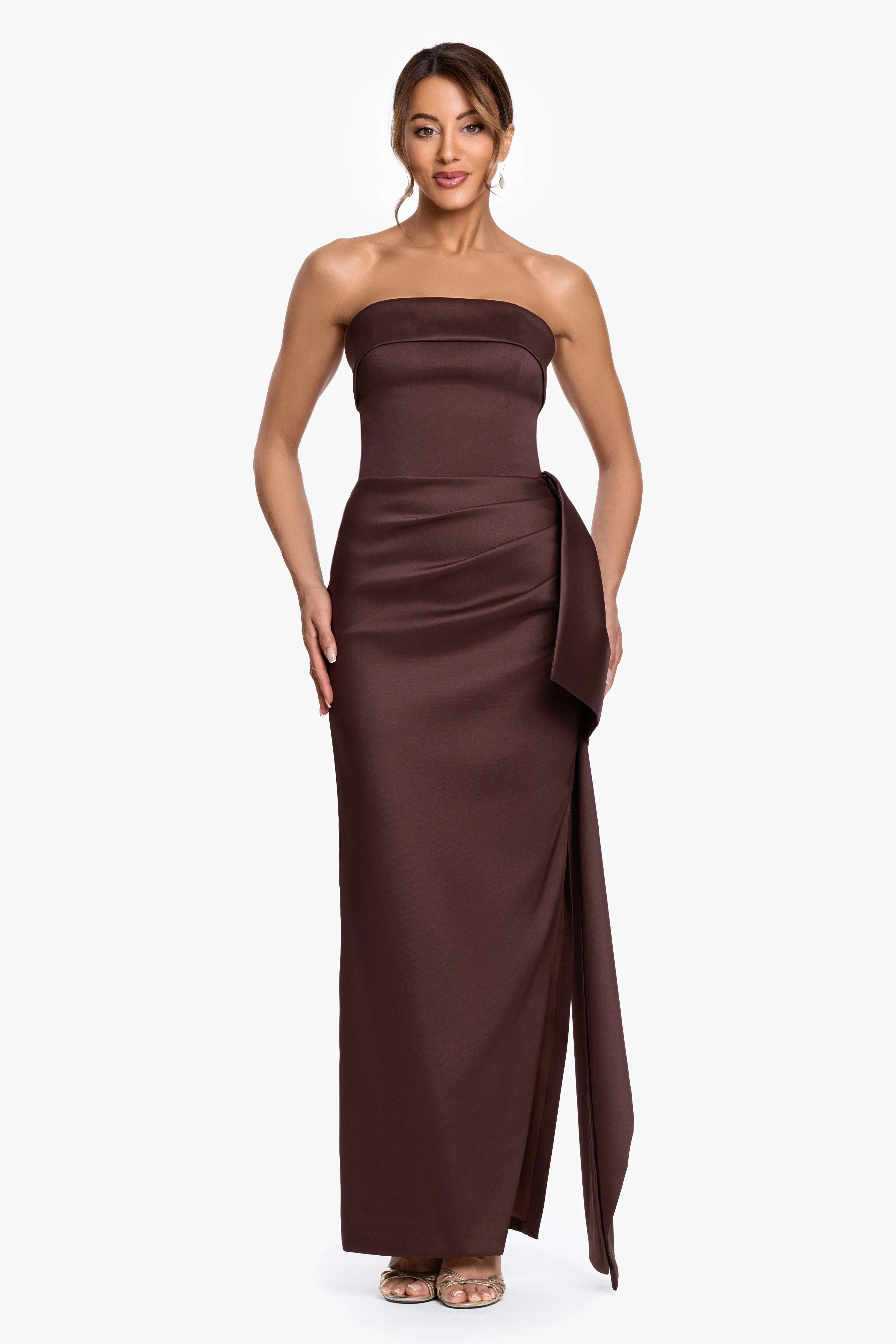 "Remi" Satin Strapless Side Ruffle Floor Length Dress sold by Xscape