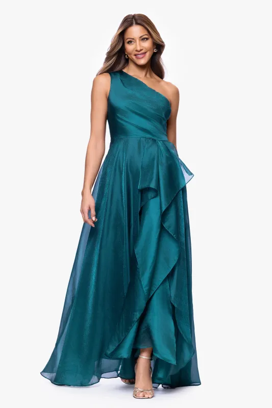 Petite "Samantha" Organza One Shoulder Ruffle Floor Length Dress made by Xscape