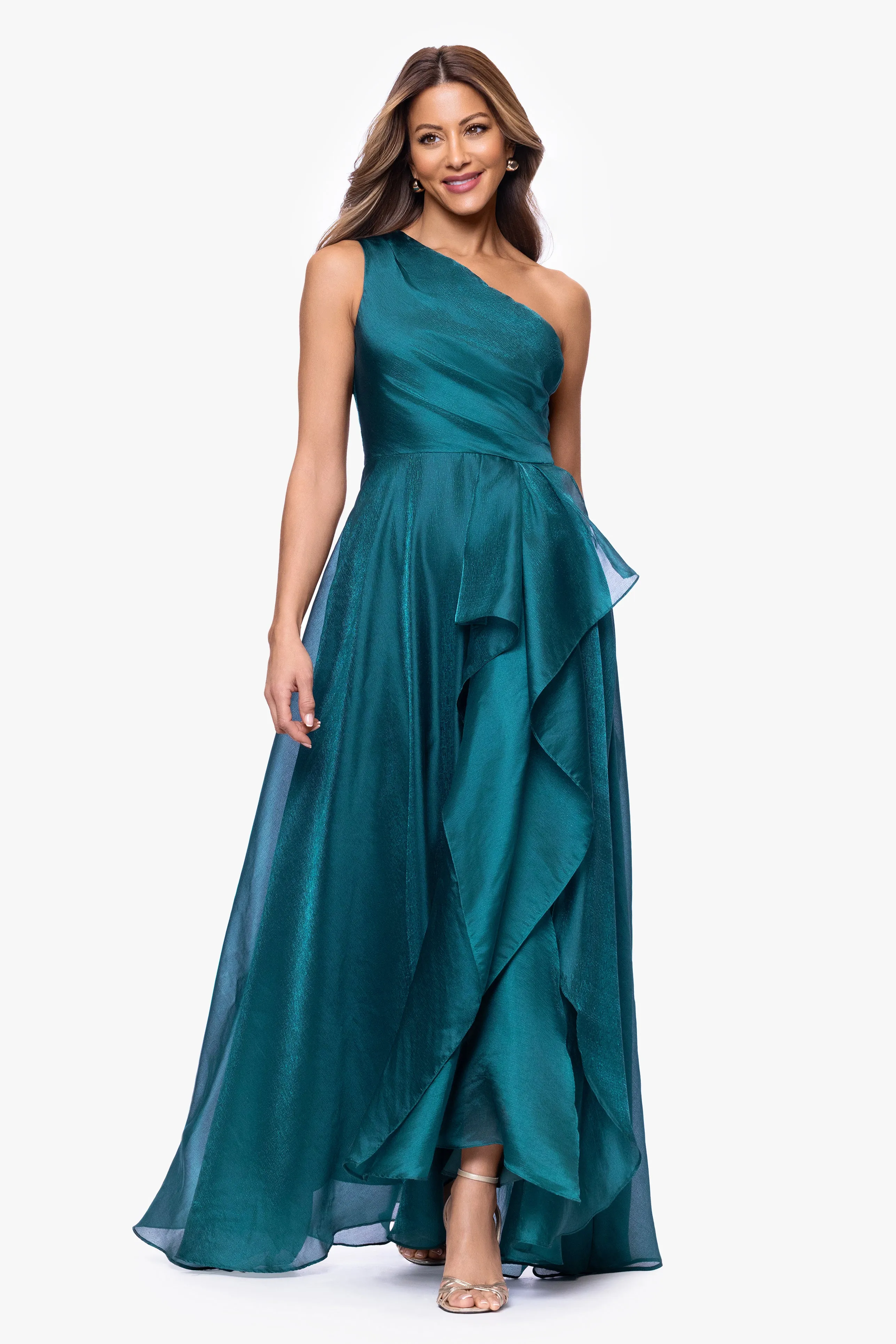 "Samantha" Organza One Shoulder Ruffle Floor Length Dress sold by Xscape