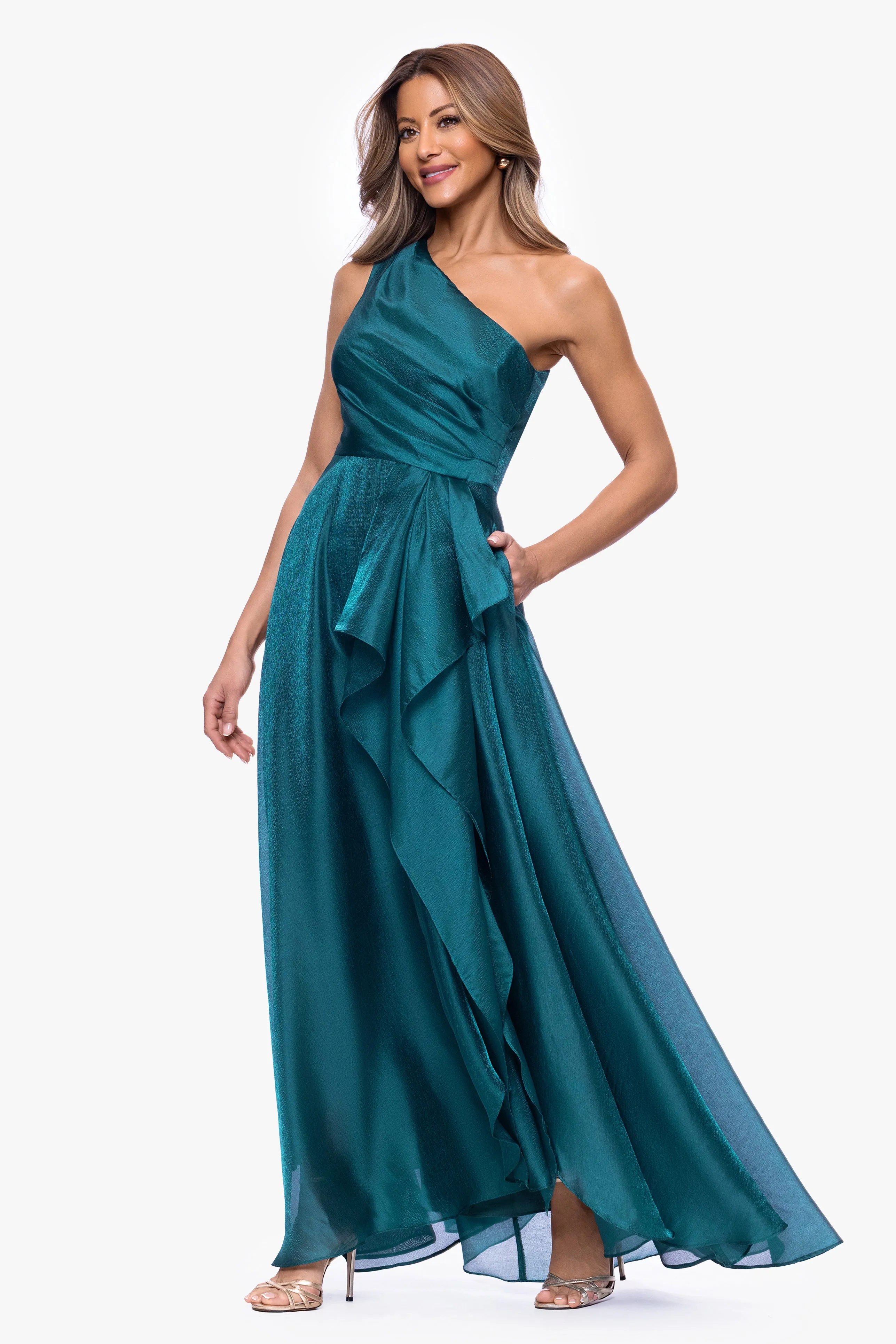 "Samantha" Organza One Shoulder Ruffle Floor Length Dress sold by Xscape product image thumbnail 4