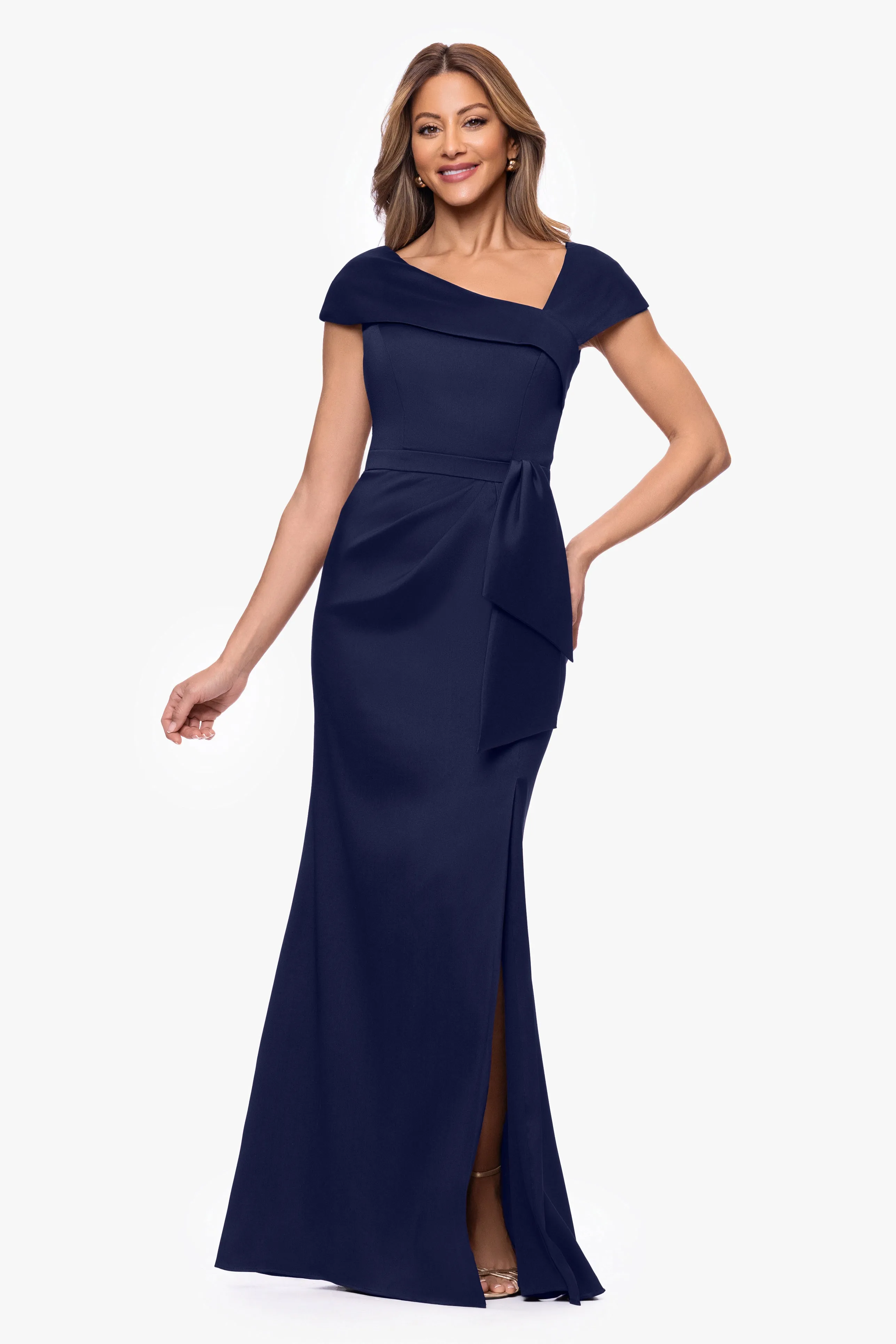"Katelyn" Stretch Mikado Asymmetrical Neckline Long Dress sold by Xscape