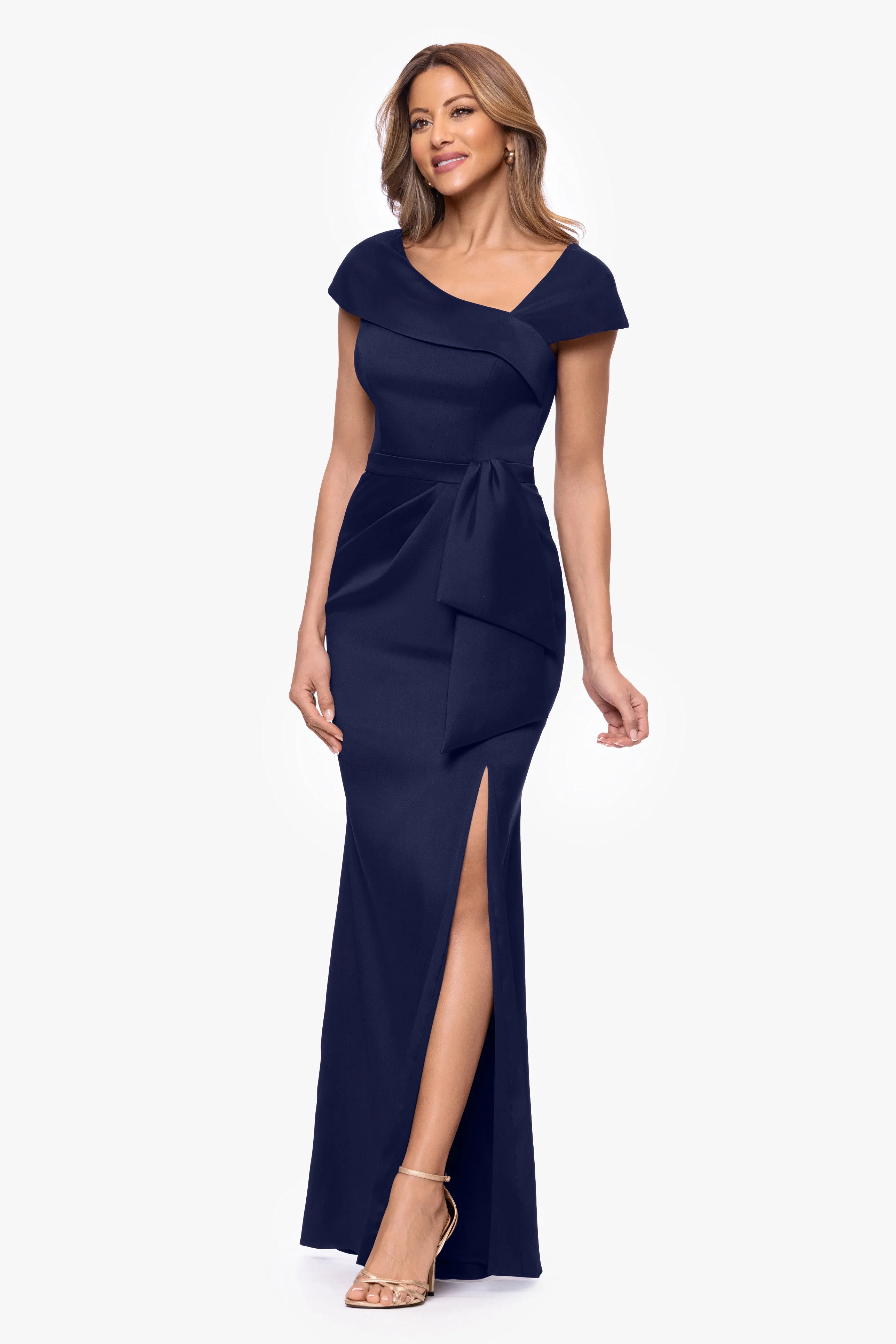"Katelyn" Stretch Mikado Asymmetrical Neckline Long Dress sold by Xscape product image thumbnail 4