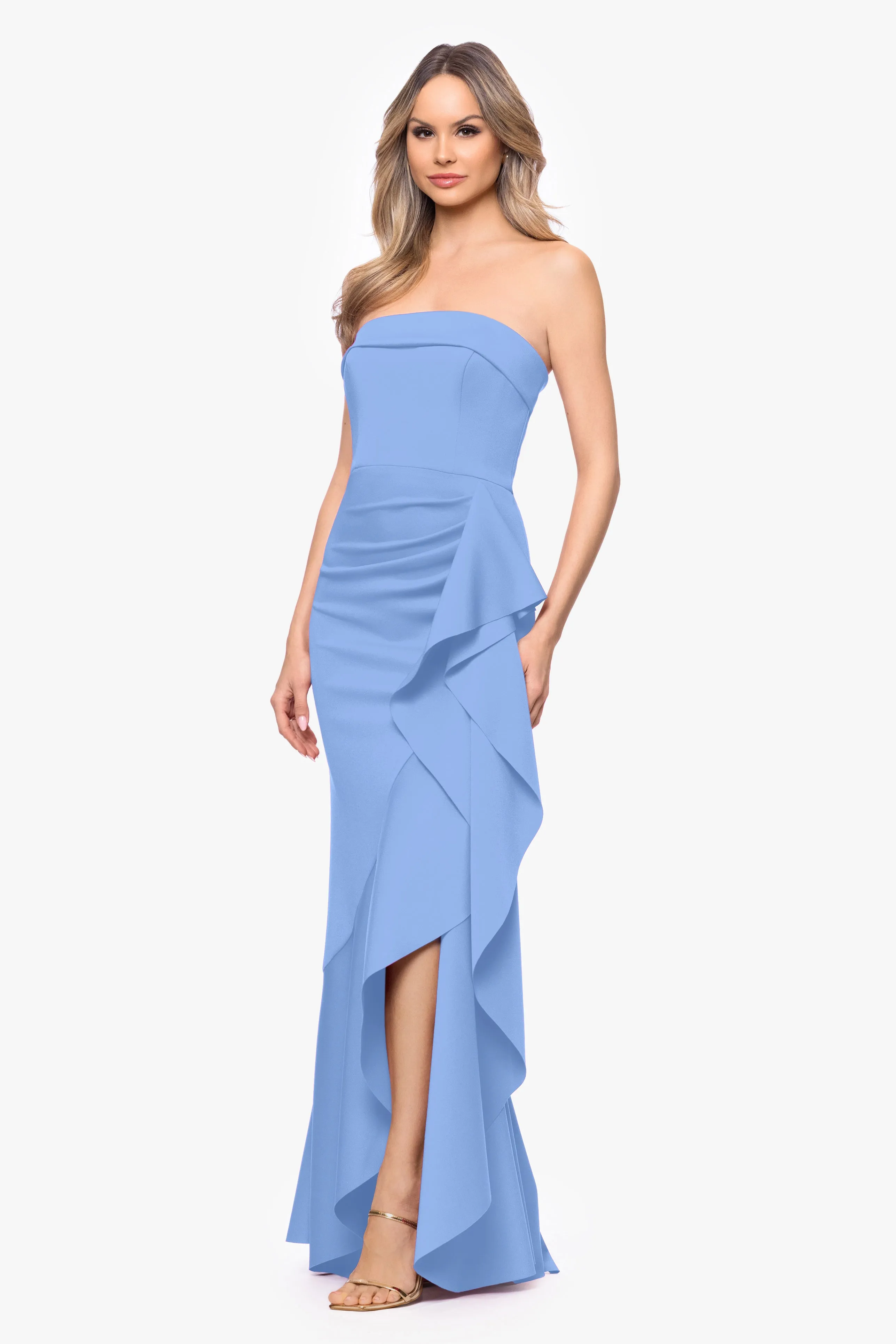 "Alicia" Techno Scuba Strapless Ruffle Long Dress sold by Xscape product image thumbnail 4