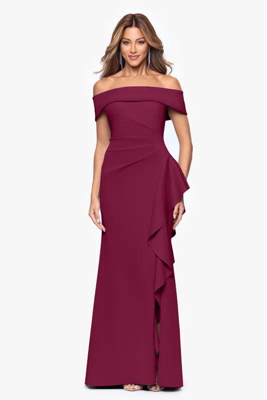 "Dolly" Techno Scuba Off the Shoulder Ruffle Floor Length Dress made by Xscape