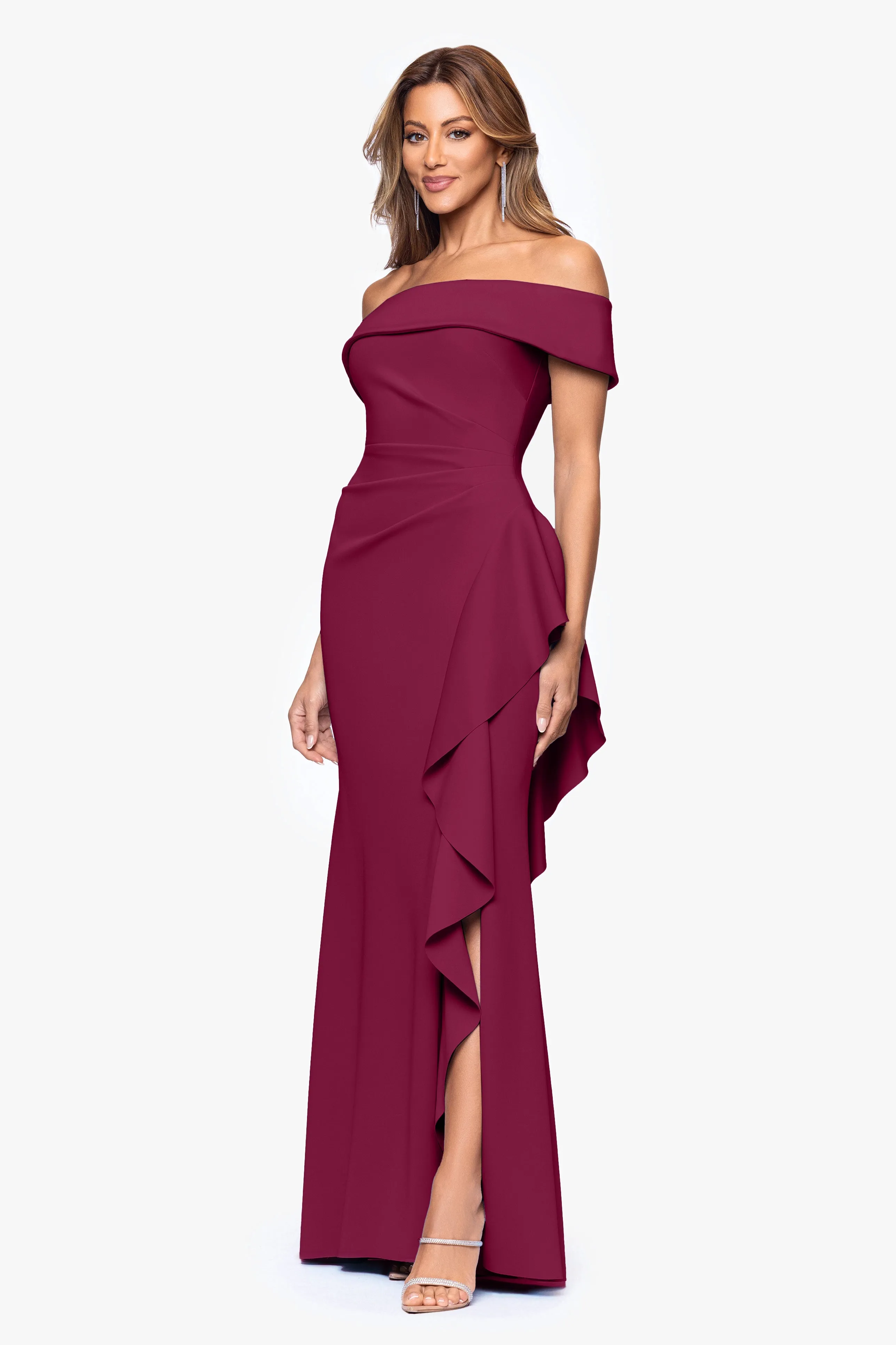 "Dolly" Techno Scuba Off the Shoulder Ruffle Floor Length Dress sold by Xscape product image thumbnail 4
