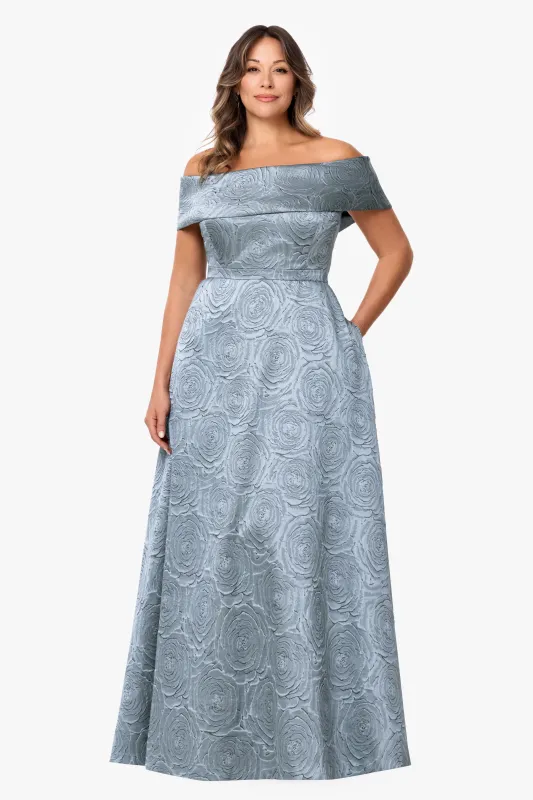 Plus "Gloria" Brocade Off The Shoulder Floor Length Dress made by Xscape
