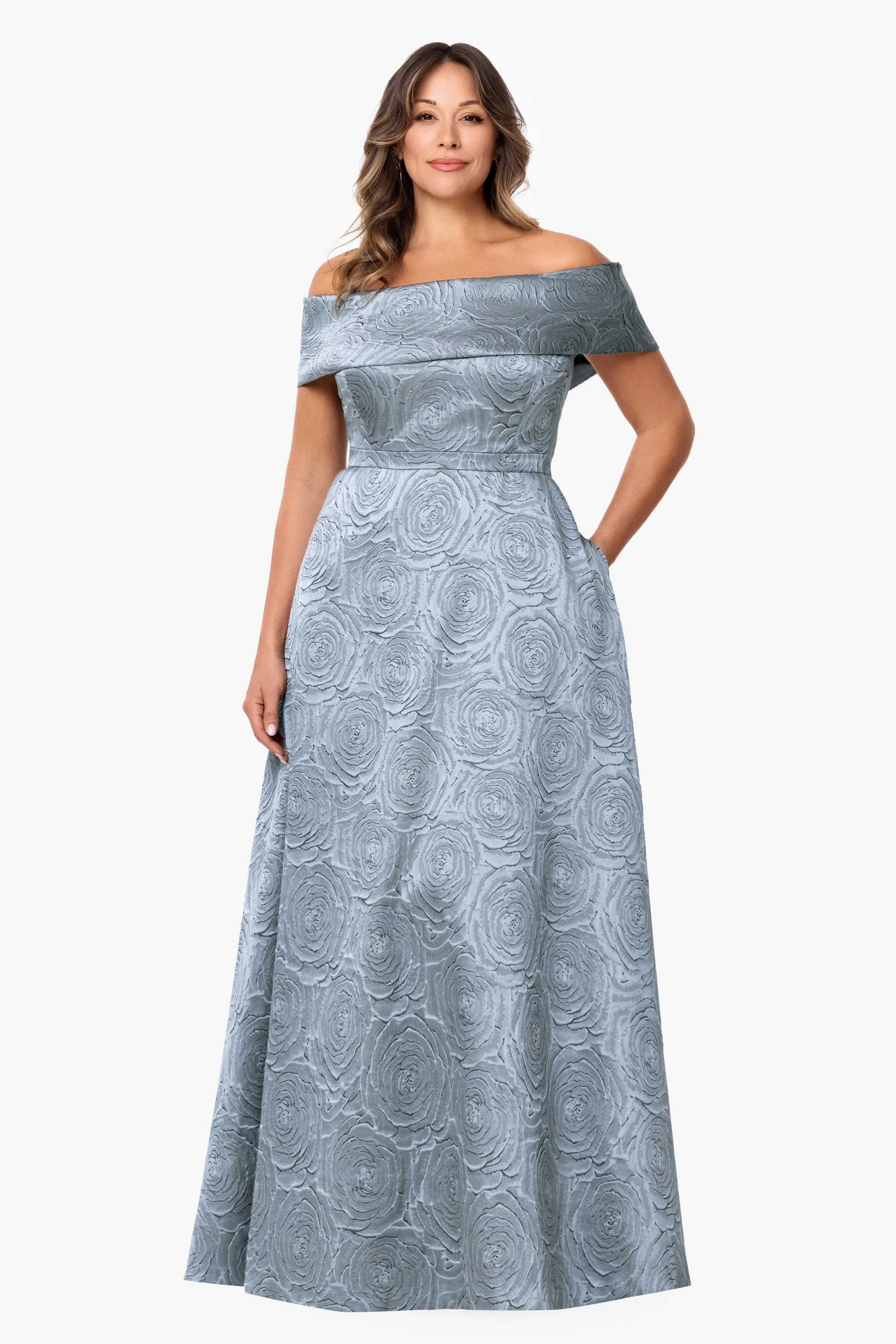 Plus "Gloria" Brocade Off The Shoulder Floor Length Dress sold by Xscape