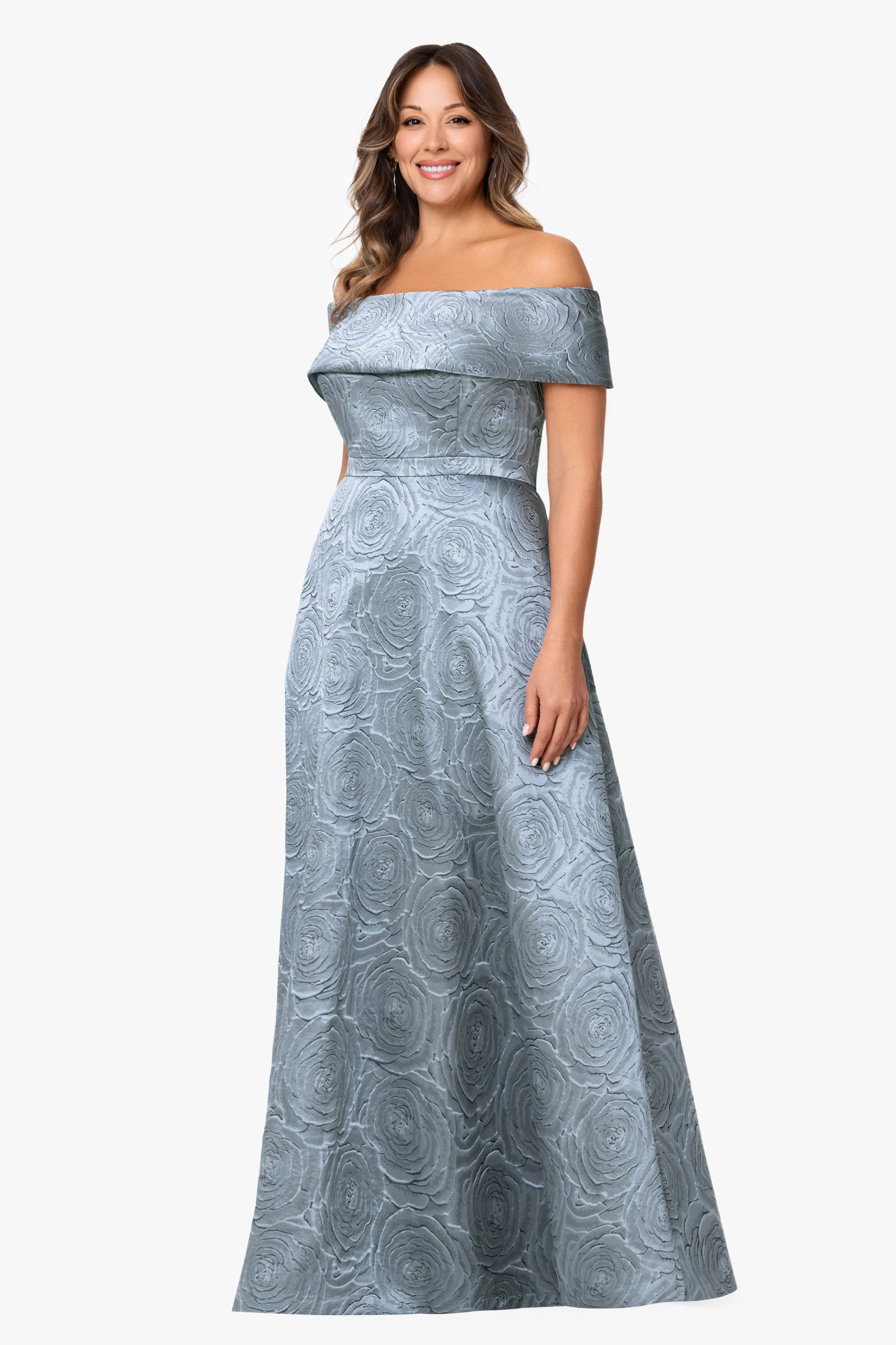 Plus "Gloria" Brocade Off The Shoulder Floor Length Dress sold by Xscape product image thumbnail 4
