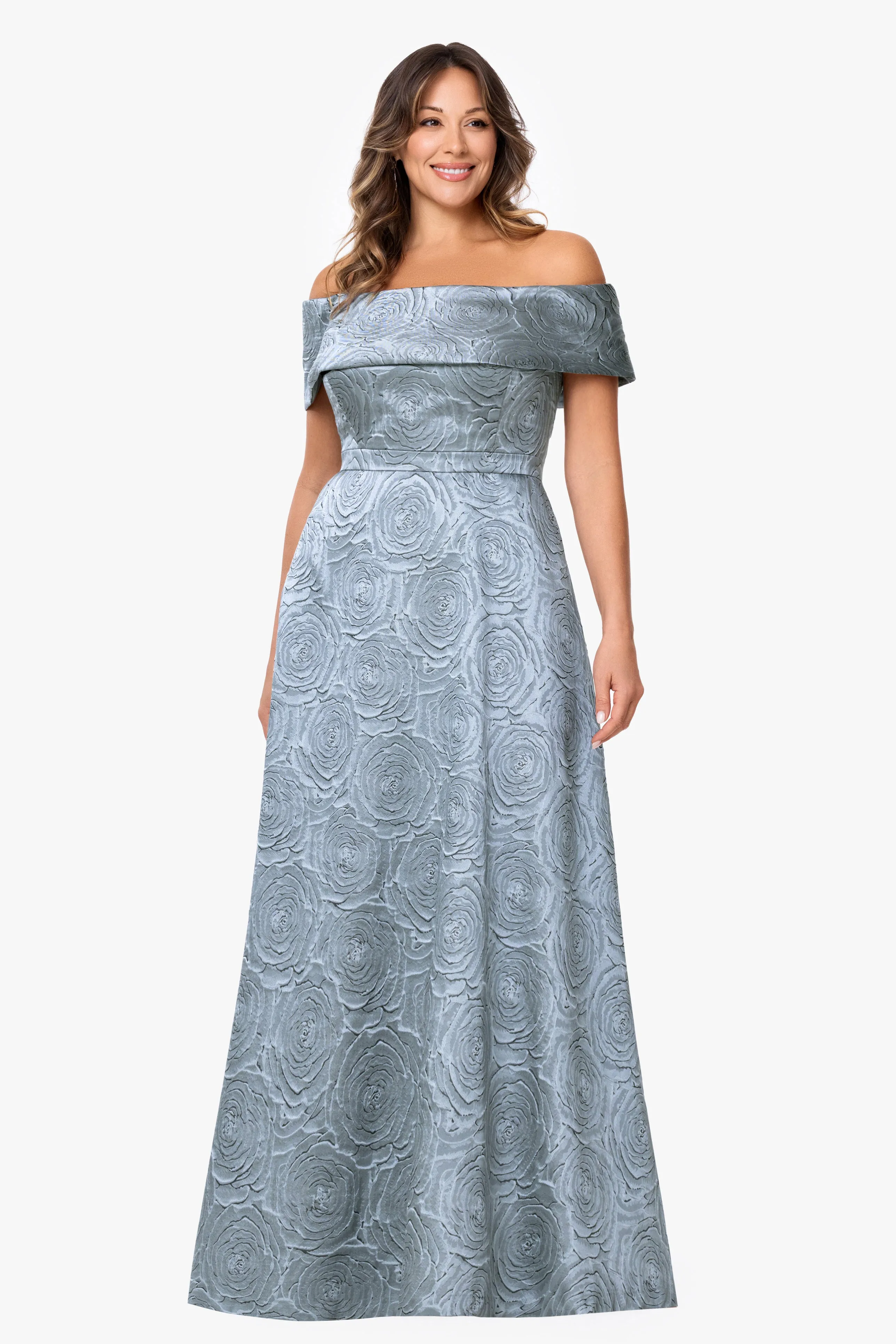 Plus "Gloria" Brocade Off The Shoulder Floor Length Dress sold by Xscape product image thumbnail 5