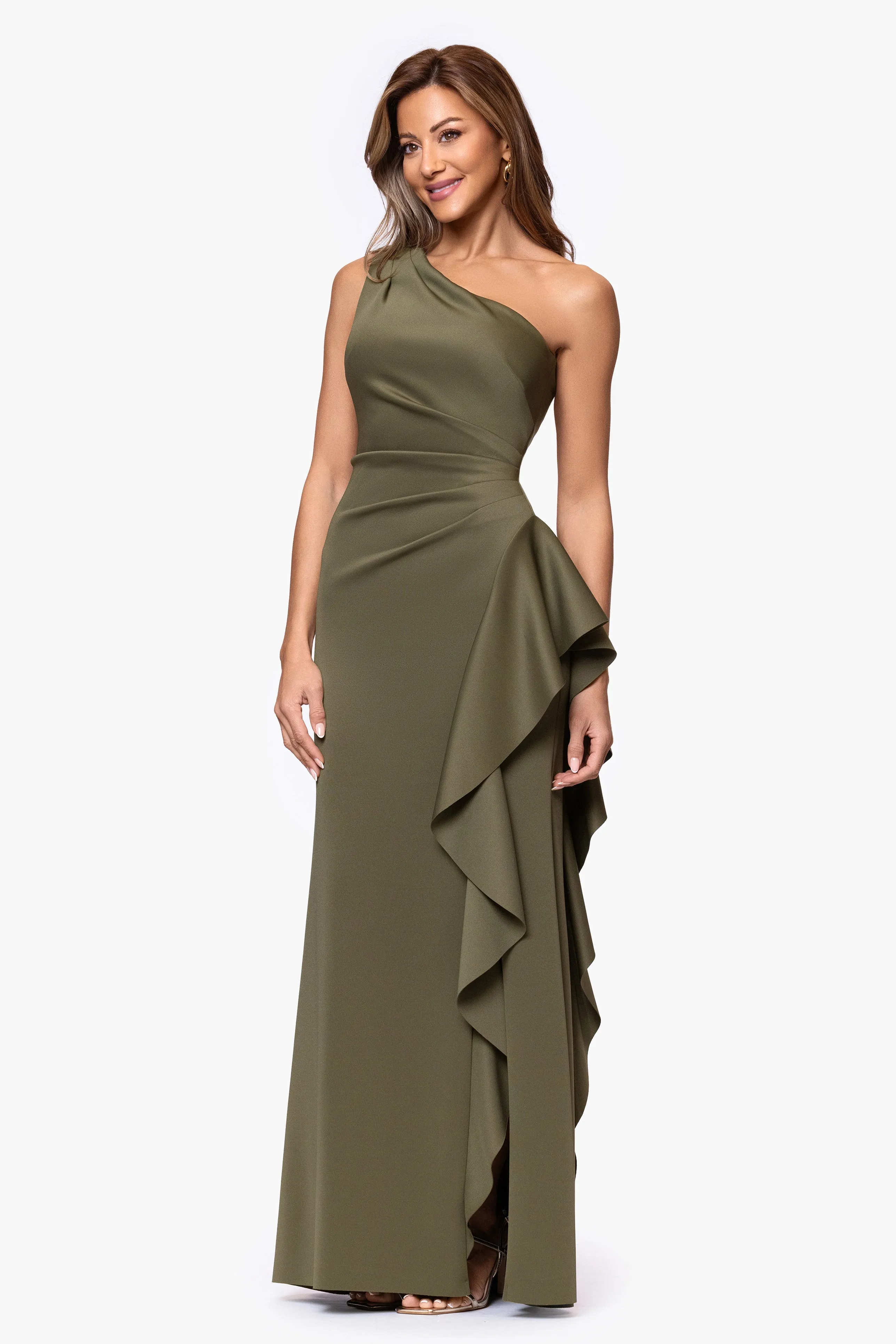 Petite "Flo" Long Techno Scuba One Shoulder Ruffle Dress sold by Xscape product image thumbnail 4