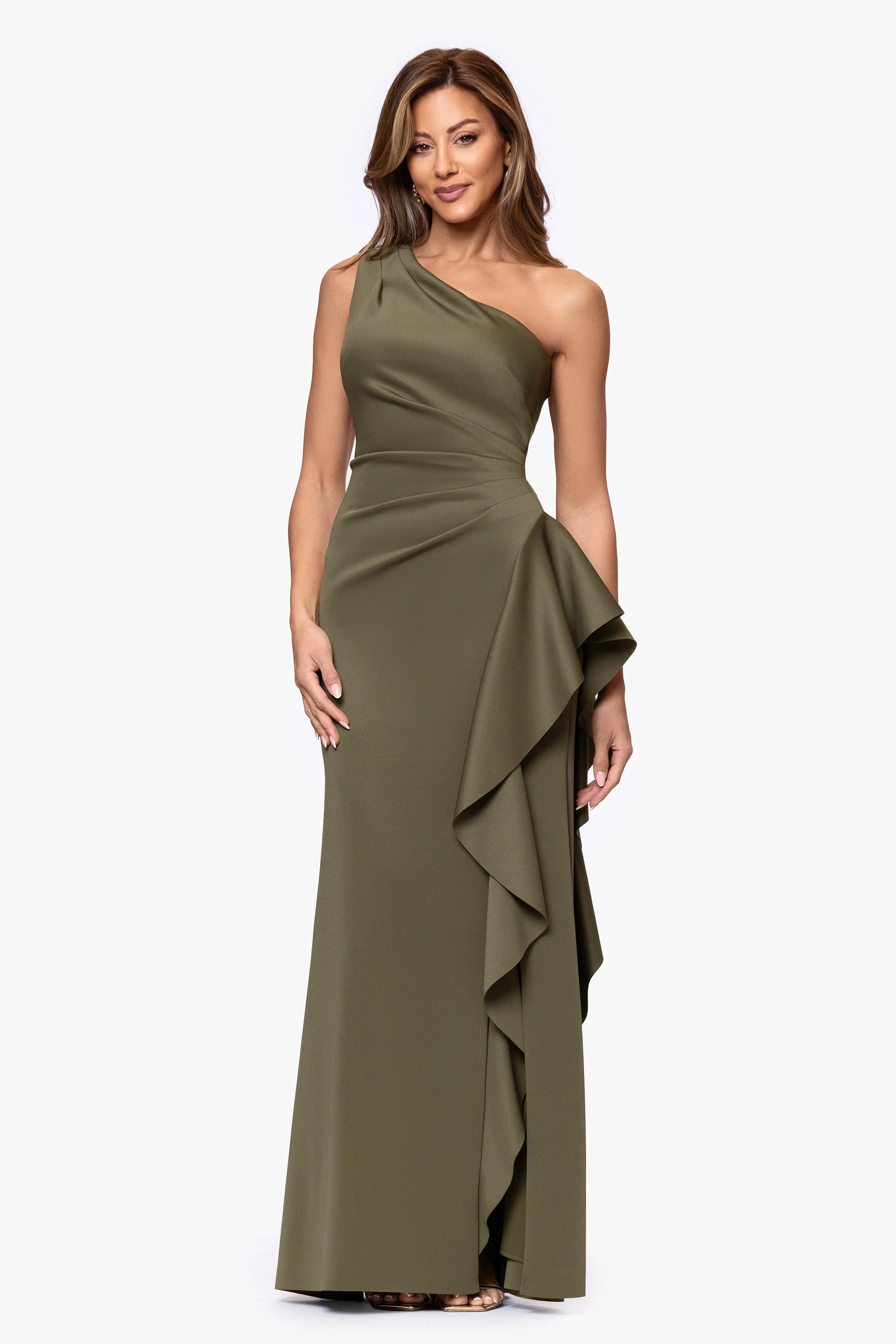 Petite "Flo" Long Techno Scuba One Shoulder Ruffle Dress sold by Xscape