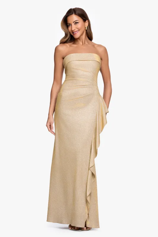 "Elena" Galaxy Metallic Strapless Side Ruffle Long Dress made by Xscape