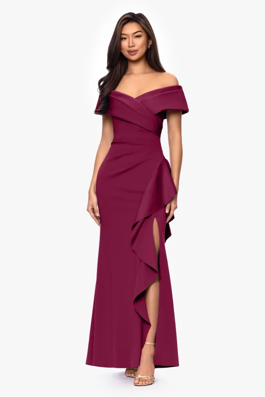 Petite "Pearl" Techno Scuba Off the Shoulder Ruffle Floor Length Dress made by Xscape