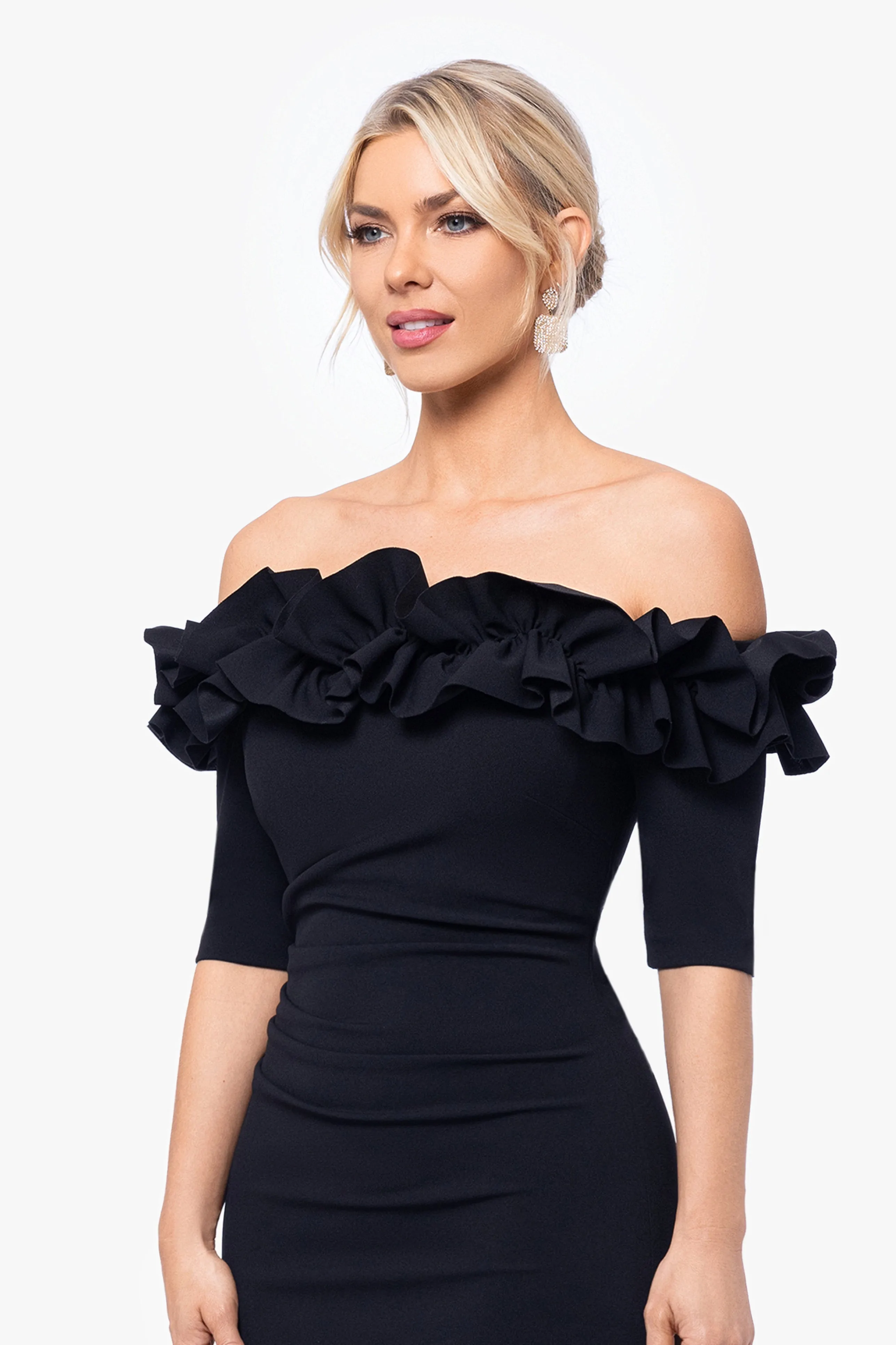 "Isla" Long Crepe Off the Shoulder Ruffle Dress sold by Xscape product image thumbnail 2
