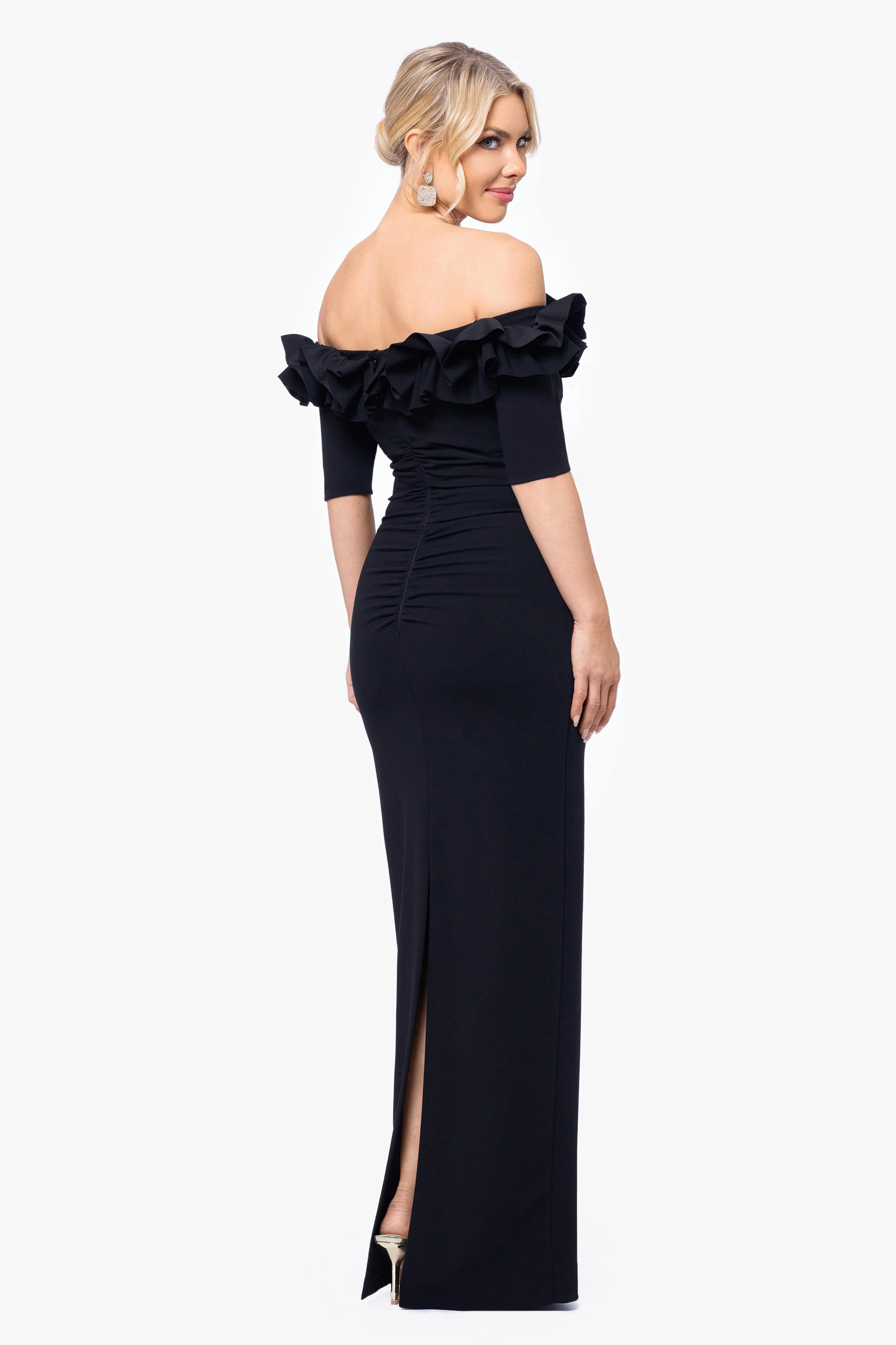 "Isla" Long Crepe Off the Shoulder Ruffle Dress sold by Xscape product image thumbnail 3