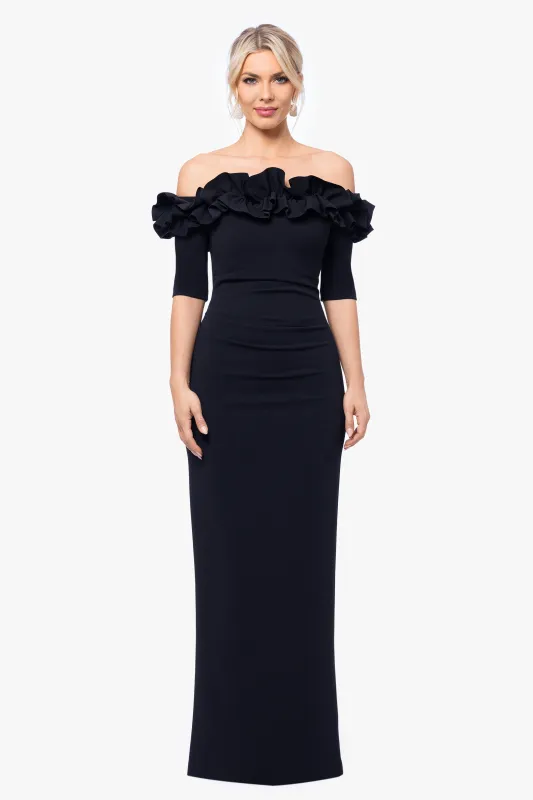 "Isla" Long Crepe Off the Shoulder Ruffle Dress made by Xscape