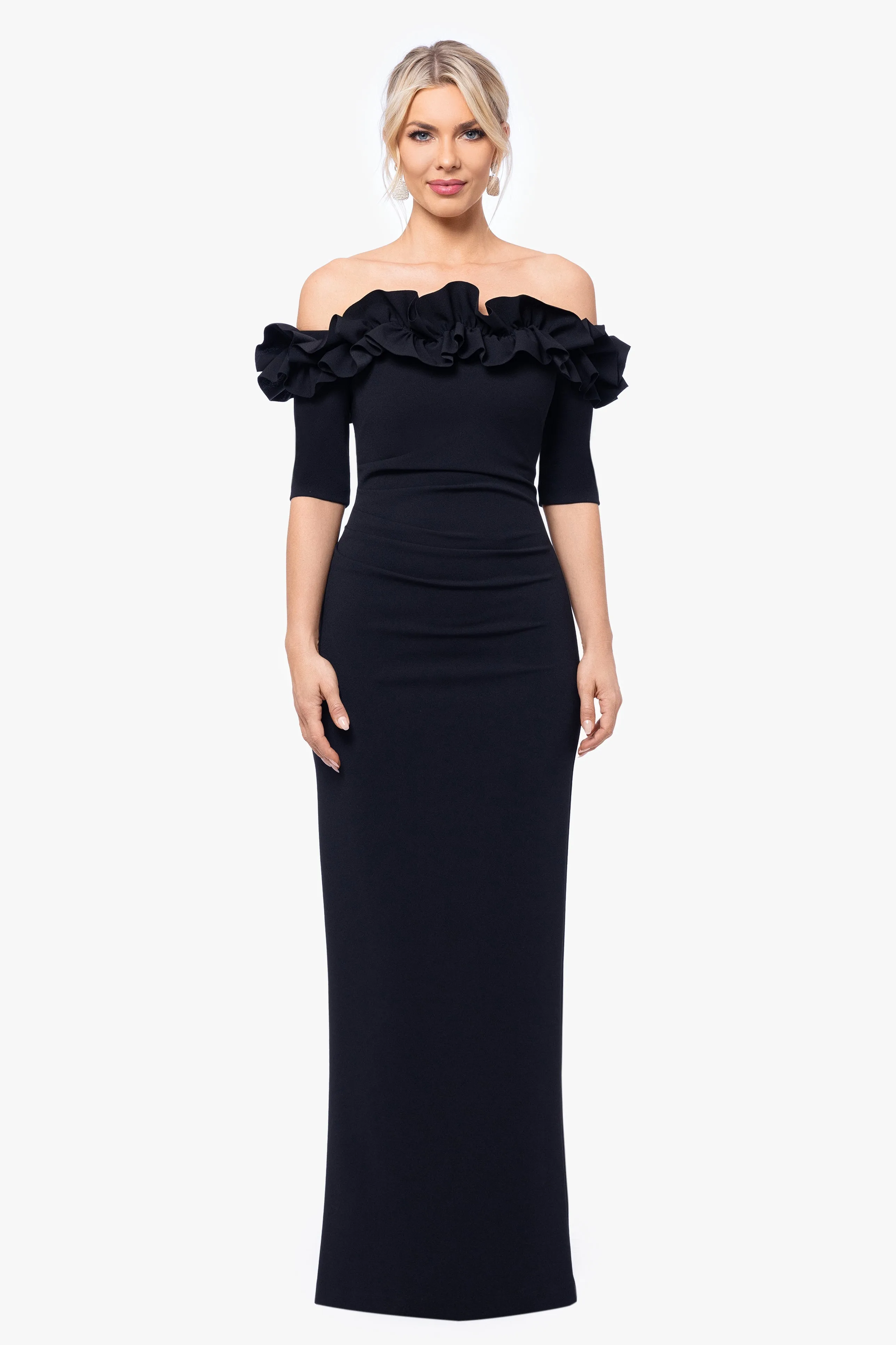 "Isla" Long Crepe Off the Shoulder Ruffle Dress sold by Xscape