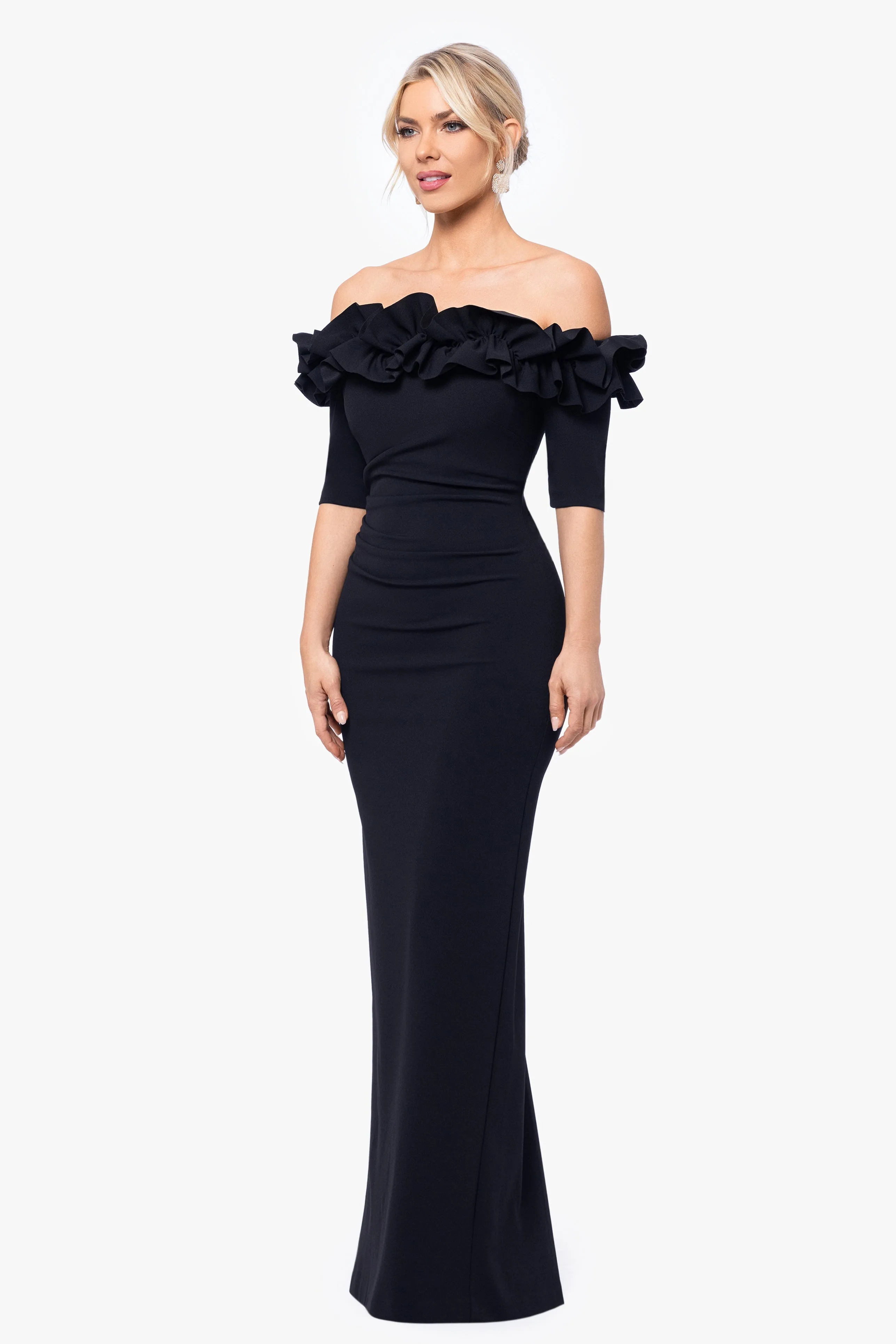 "Isla" Long Crepe Off the Shoulder Ruffle Dress sold by Xscape product image thumbnail 4