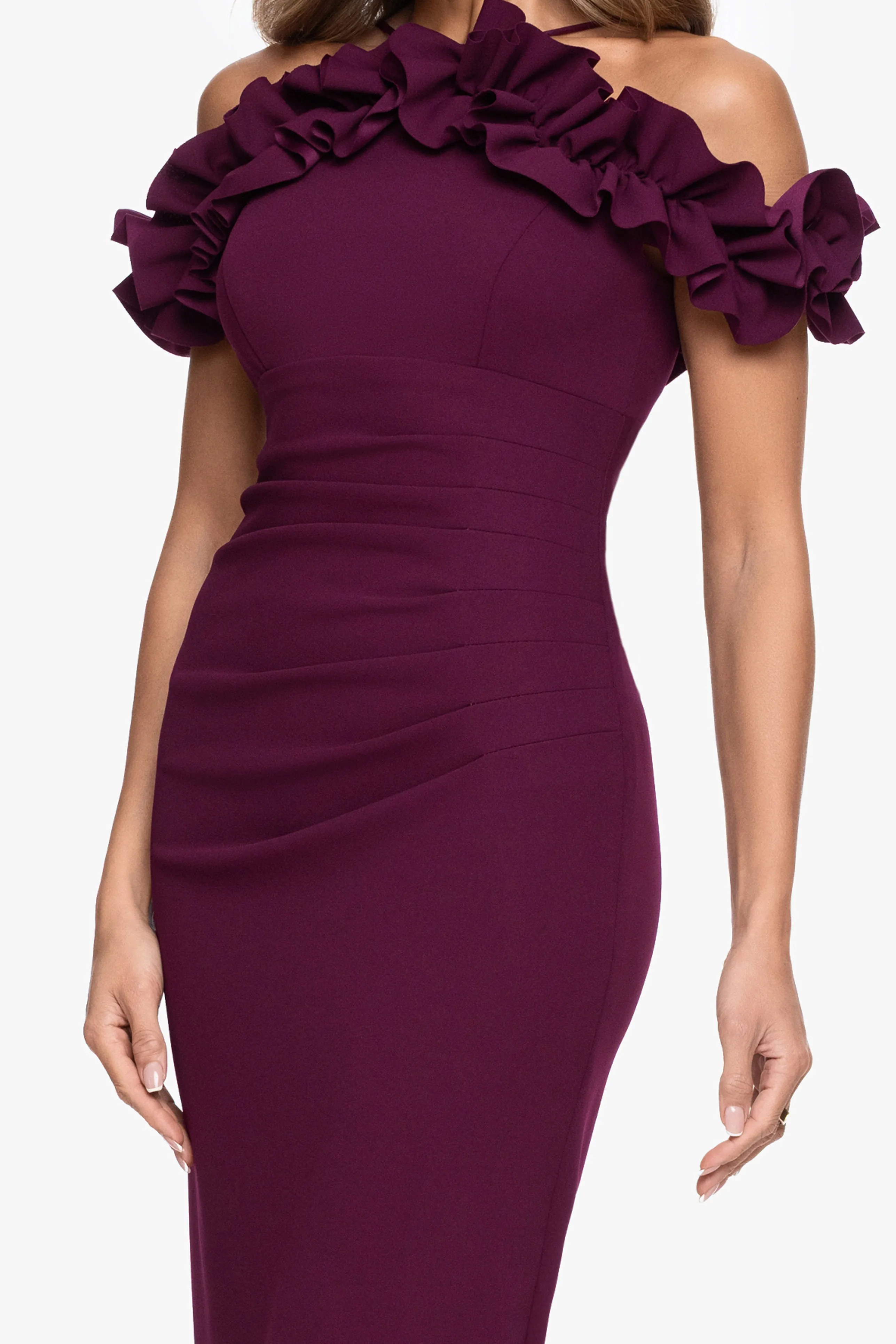 "Tyla" Scuba Crepe Ruffle Top Floor Length Dress sold by Xscape product image thumbnail 2