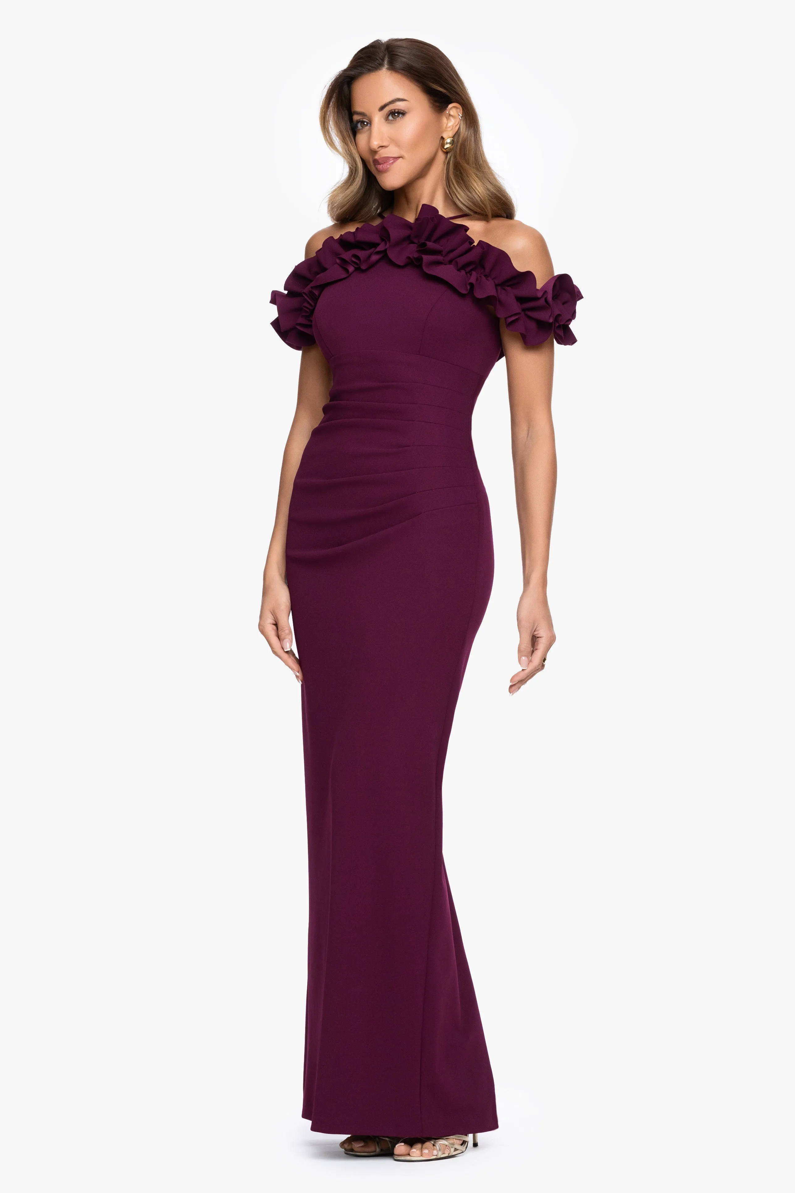 "Tyla" Scuba Crepe Ruffle Top Floor Length Dress sold by Xscape product image thumbnail 4