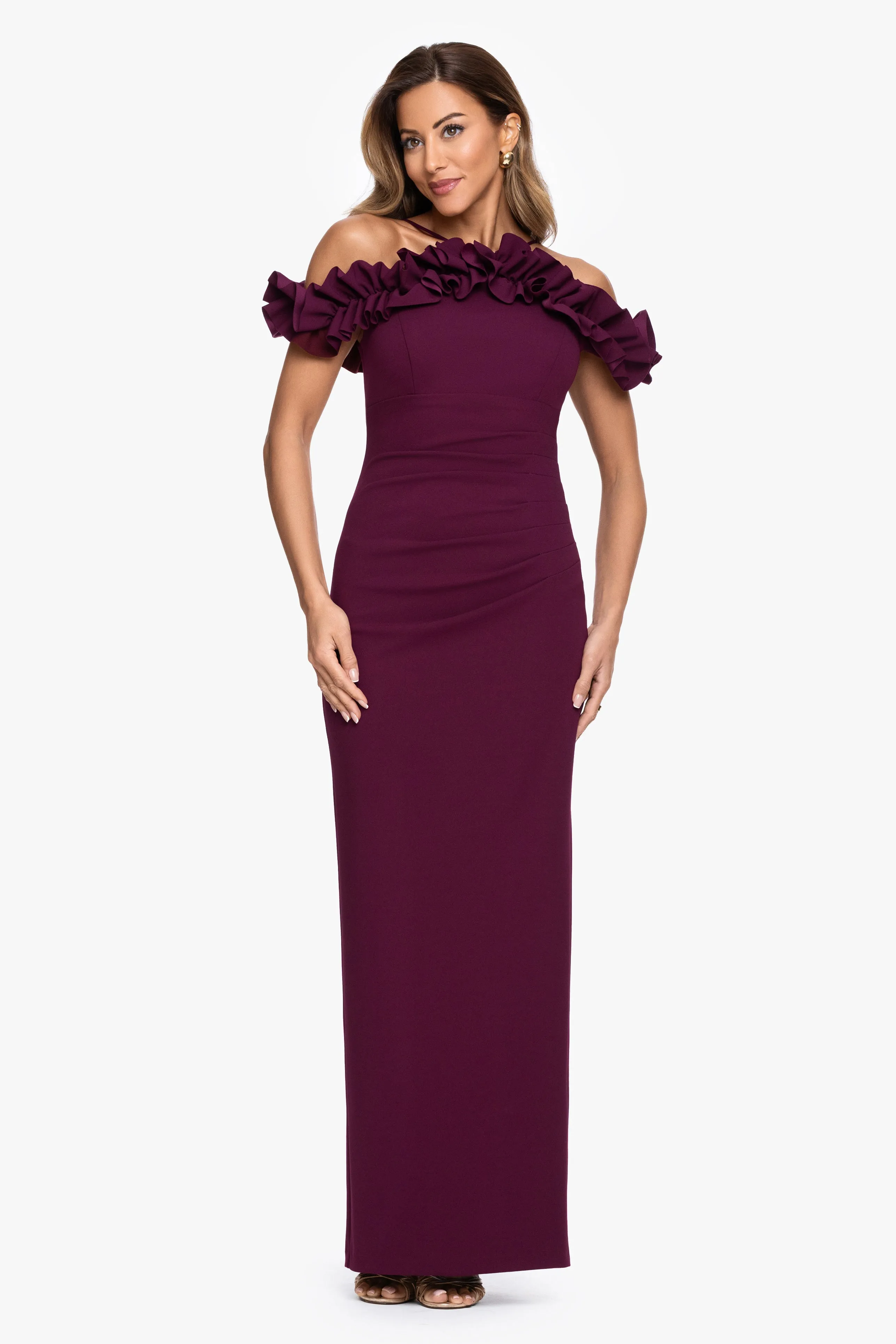 "Tyla" Scuba Crepe Ruffle Top Floor Length Dress sold by Xscape