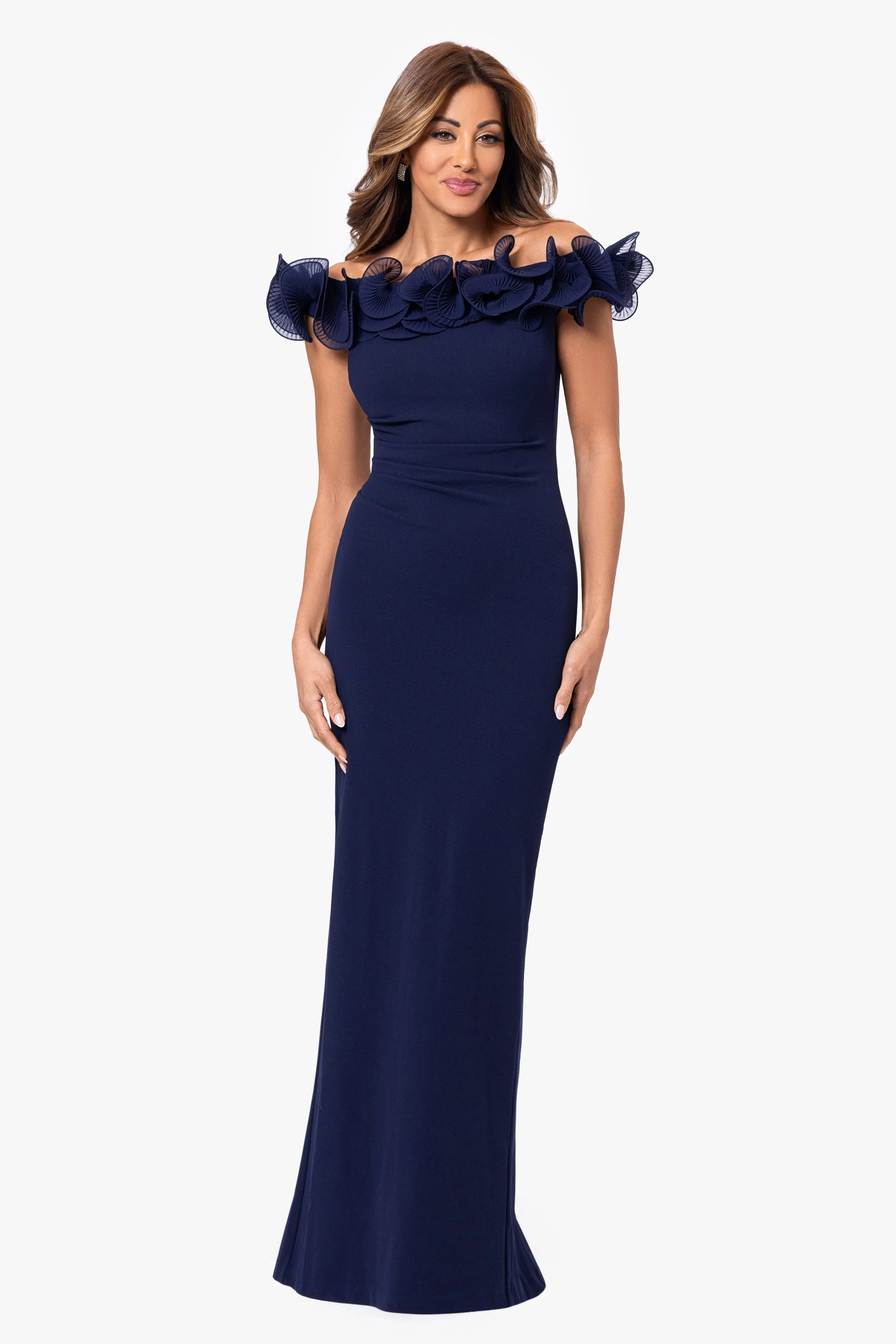 "Jessica" Scuba Crepe Ruffle Wire Neck Dress sold by Xscape